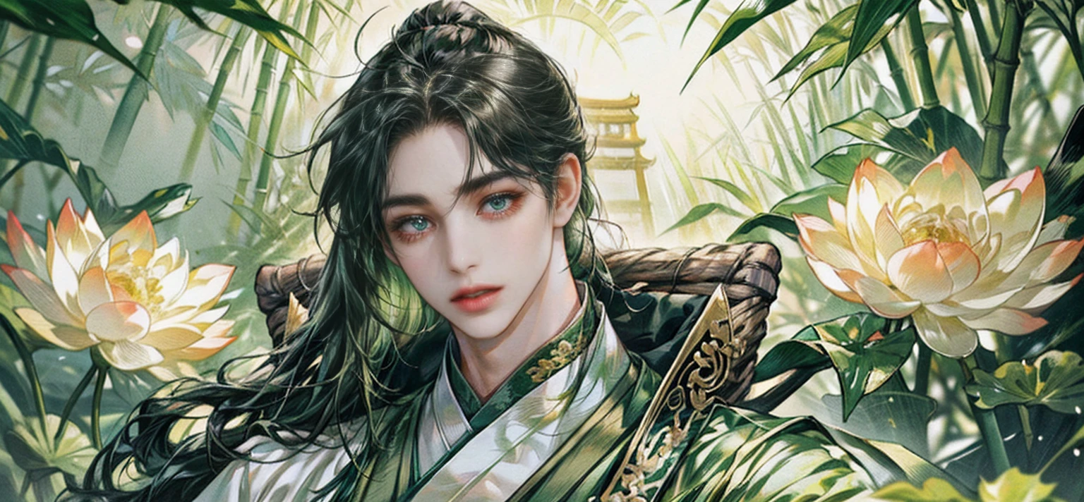 (((best quality))),masterpiece,ultra high resolution,extraordinarily beautiful youth, a bright, innocent smile,All green clothing,((boy 24 year old, green hanfu,green clothing, Chinese shirt style)) ,boy character ,((Thick black long hair)),beautiful face,detailed interior, detailed boy,((man)),(in bamboo forest), house China style, pure white lotus,beautiful and cute boy ,black eyes,((solo man)),(he has a Big eyes, charming lips, slim nose and small face),(slim figures ),ponytail and 冠, Hiogi fan,Japanese fan 