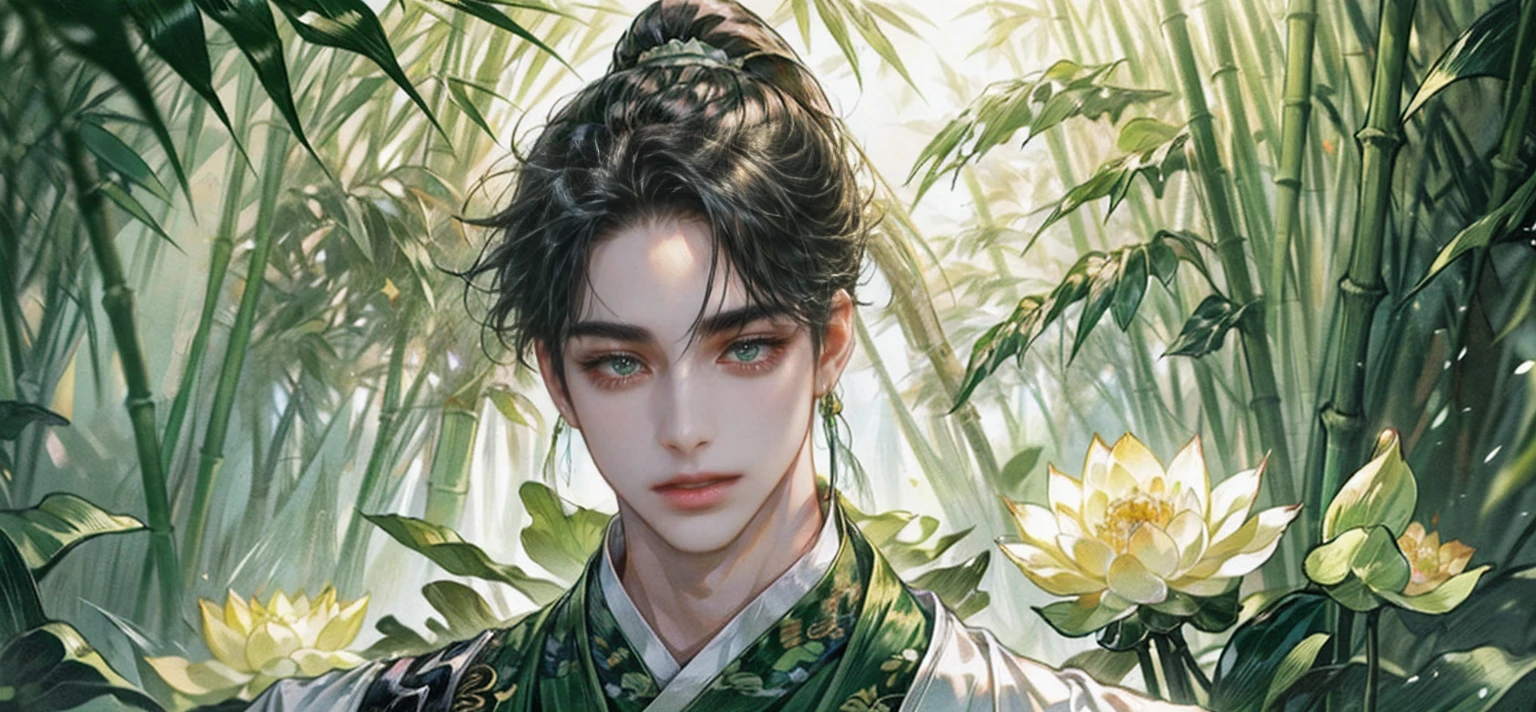 (((best quality))),masterpiece,ultra high resolution,extraordinarily beautiful youth, a bright, innocent smile,All green clothing,((boy 24 year old, green hanfu,green clothing, Chinese shirt style)) ,boy character ,((Thick black long hair)),beautiful face,detailed interior, detailed boy,((man)),(in bamboo forest), house China style, pure white lotus,beautiful and cute boy ,black eyes,((solo man)),(he has a Big eyes, charming lips, slim nose and small face),(slim figures ),ponytail and 冠, Hiogi fan,Japanese fan 