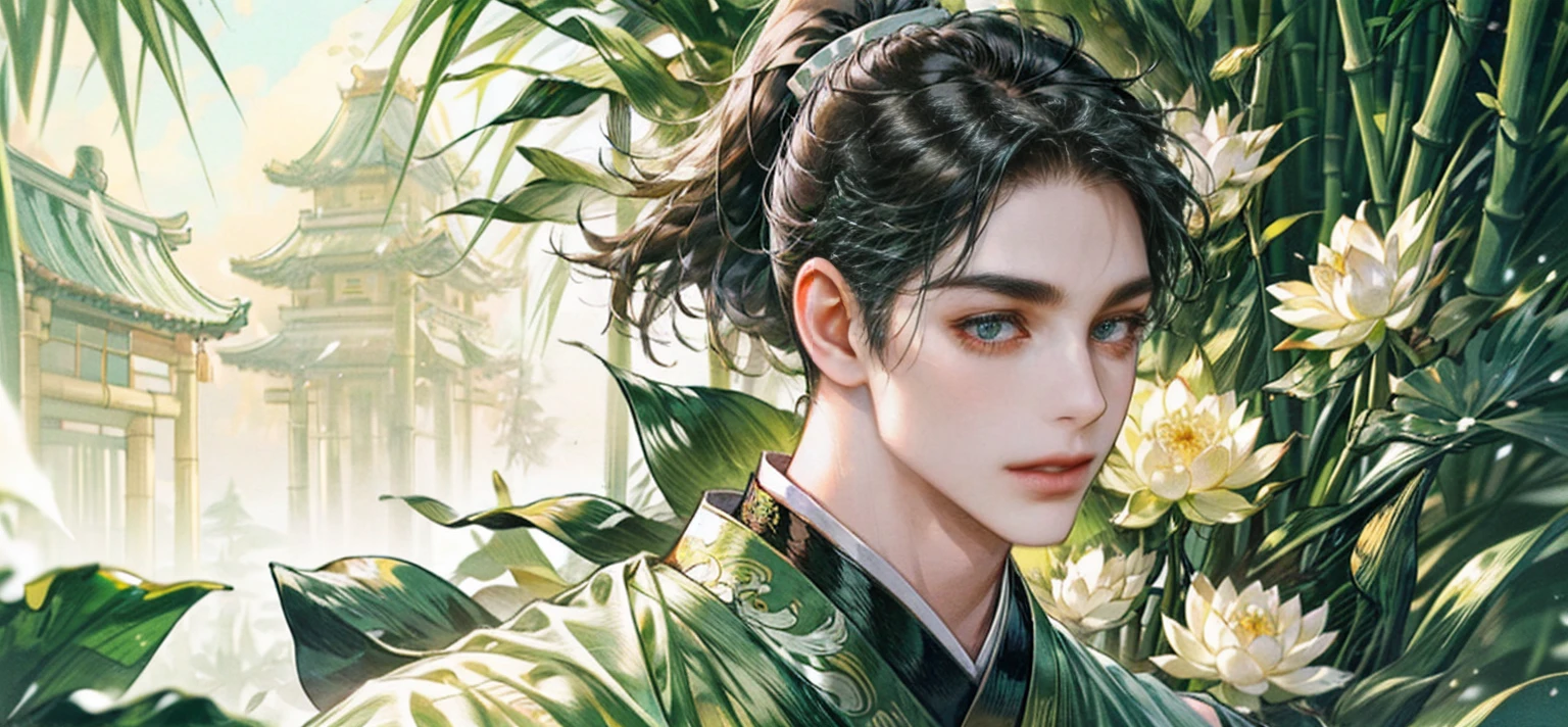 (((best quality))),masterpiece,ultra high resolution,extraordinarily beautiful youth, a bright, innocent smile,All green clothing,((boy 24 year old, green hanfu,green clothing, Chinese shirt style)) ,boy character ,((Thick black long hair)),beautiful face,detailed interior, detailed boy,((man)),(in bamboo forest), house China style, pure white lotus,beautiful and cute boy ,black eyes,((solo man)),(he has a Big eyes, charming lips, slim nose and small face),(slim figures ),ponytail and 冠, Hiogi fan,Japanese fan