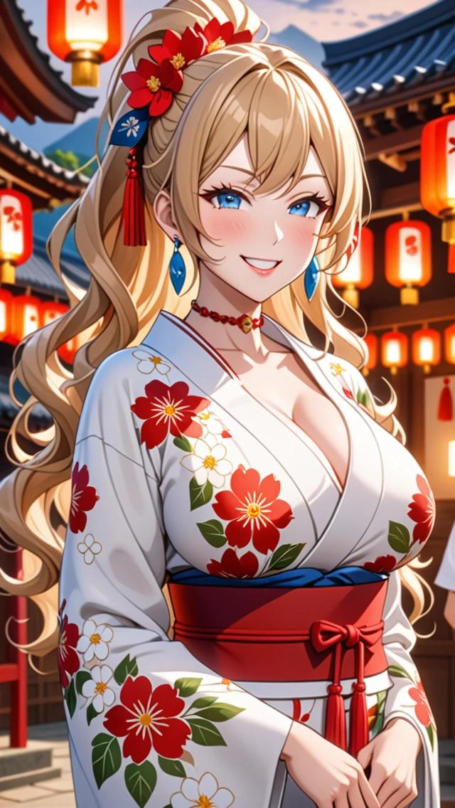 ultra-detailed, ((one girl)), hyper detailed, absurdres, 8K, Beautiful Face, (Laugh shyly), ((teasing smile:1.8)), ((Wink:2.0)), (Laugh with your mouth wide open),(Tilt your head:1.3), View your viewers, ((Bright red cheeks:1.6)),Glossy Red Lips, ((Big Breasts:1.5)), (valley),night, Shrine festival stalls, (Brighten your face), ((Anime style background)),masterpiece, Highest quality, so beautiful,Latest, Complex details, (Pink long nails), (nail art), (ring),(bracelet), (Floral Choker),AI-generated, Complex,High resolution, Highest quality, super high quality,3D Images、3D Images,One person,Blonde long hair,(High Ponytail), (wavy hair:1.3), Anime woman posing for a photo, ((Fine grain、blue eyes、glistening eyes:1.5)), (Squint your eyes:1.1),a hyperRealistic , hyperRealistic , Realistic,Long blonde anime woman, Smooth anime CG art, Pink large floral patternの刺繍が入った、A girl in a gorgeous kimono, ((White long-sleeved kimono)),(Pink large floral pattern) ,Long flower hair ornament,Floral Earrings,Mature Body, tall,Abdominal muscles,Tight waist,((Zoom in on face:2.1)), (front view),