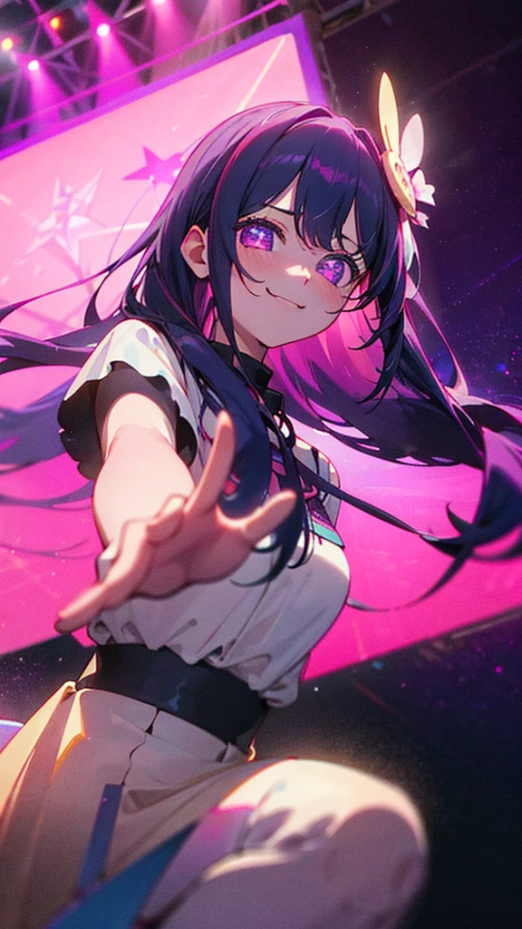 Girl idol, Hoshino Ai, long hair, purple hair, streaked hair, purple eyes, star-shaped pupils, hair ornament, in the concert stage with a pink and purple lights and view towards the viewer, the viewers holding the pink and purple light stick, singing on stage in front of an enthusiastic audience at a futuristic metaverse music festival. AI singer stands on holographic stage、Imagine playing music with digital licenses and emotions. Beautiful scene combined with audience reaction, Light production, And a futuristic musical experience, smile with blush face, BREAK, quality\(8k,wallpaper of extremely detailed CG unit, masterpiece,hight resolution,top-quality,top-quality real texture skin,hyper realisitic,increase the resolution,RAW photos,best qualtiy,highly detailed,the wallpaper,cinematic lighting,ray trace,golden ratio\),(long view, 2D)