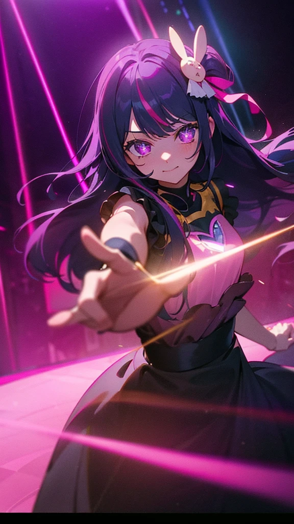 Girl idol, Hoshino Ai, long hair, purple hair, streaked hair, purple eyes, star-shaped pupils, hair ornament, in the concert stage with a pink and purple lights and view towards the viewer, the viewers holding the pink and purple light stick, singing on stage in front of an enthusiastic audience at a futuristic metaverse music festival. AI singer stands on holographic stage、Imagine playing music with digital licenses and emotions. Beautiful scene combined with audience reaction, Light production, And a futuristic musical experience, smile with blush face, BREAK, quality\(8k,wallpaper of extremely detailed CG unit, masterpiece,hight resolution,top-quality,top-quality real texture skin,hyper realisitic,increase the resolution,RAW photos,best qualtiy,highly detailed,the wallpaper,cinematic lighting,ray trace,golden ratio\),(long view, 2D)