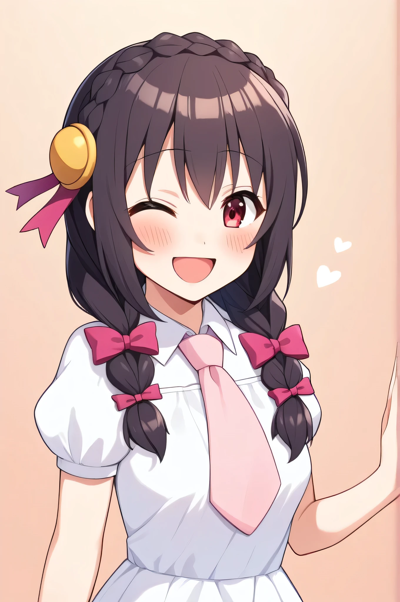 alone, One girl、Crown braids in the same color as your hair, hair ornaments, Hair Ribbon, Pink tie, (White dress), Date♥、Black Hair、(Happy Face:1.5)、(blush:1.2)、