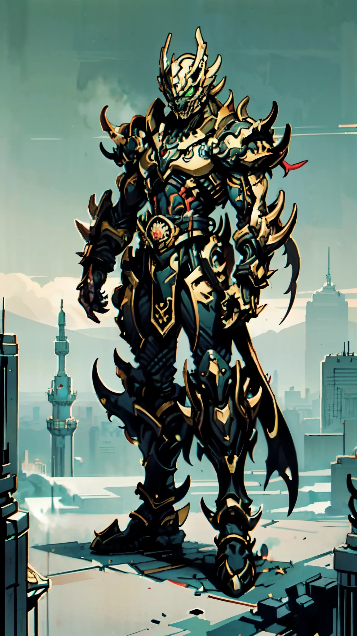 (masterpiece:1.5, best quality:1.5, extremely delicate:1.5, perspective:1.5, foreshortening:1.5, dynamic angle:1.5), a man wearing a full-face helmet, a fantasy-style biotech armored combat suit, green eyes, (a composite layered chest armor), fully enclosed shoulder guards, matching arm and leg guards, the belt is adorned with fangs biting into orbs, (the color scheme is primarily black with red accents), the design balances heavy with agility, a high-tech bio-mecha armor, (Armor Concept Inspired by Bat, stand on the top of a skyscraper in a futuristic sci-fi city), this character embodies a finely crafted fantasy-surreal style armored hero in anime style, exquisite and mature manga art style, (element, plasma, energy, the armor glows), ((male:1.5)), metallic, high definition, highres, ultra-detailed, ultra-fine painting, professional, perfect body proportions, golden ratio, anatomically correct, symmetrical face, extremely detailed eyes and face, high quality eyes, creativity, RAW photo, UHD, 32k, Natural light, cinematic lighting, masterpiece-anatomy-perfect