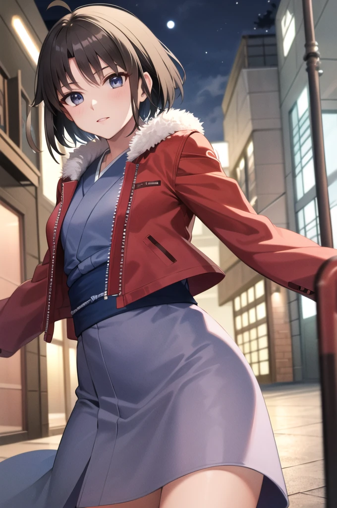 masterpiece, Highest quality, High resolution, Humushiki, short hair, Ahoge, Red jacket, Iris, Blue kimono, Open clothes, Fur trim, Cowboy Shot, Outdoor, night,
