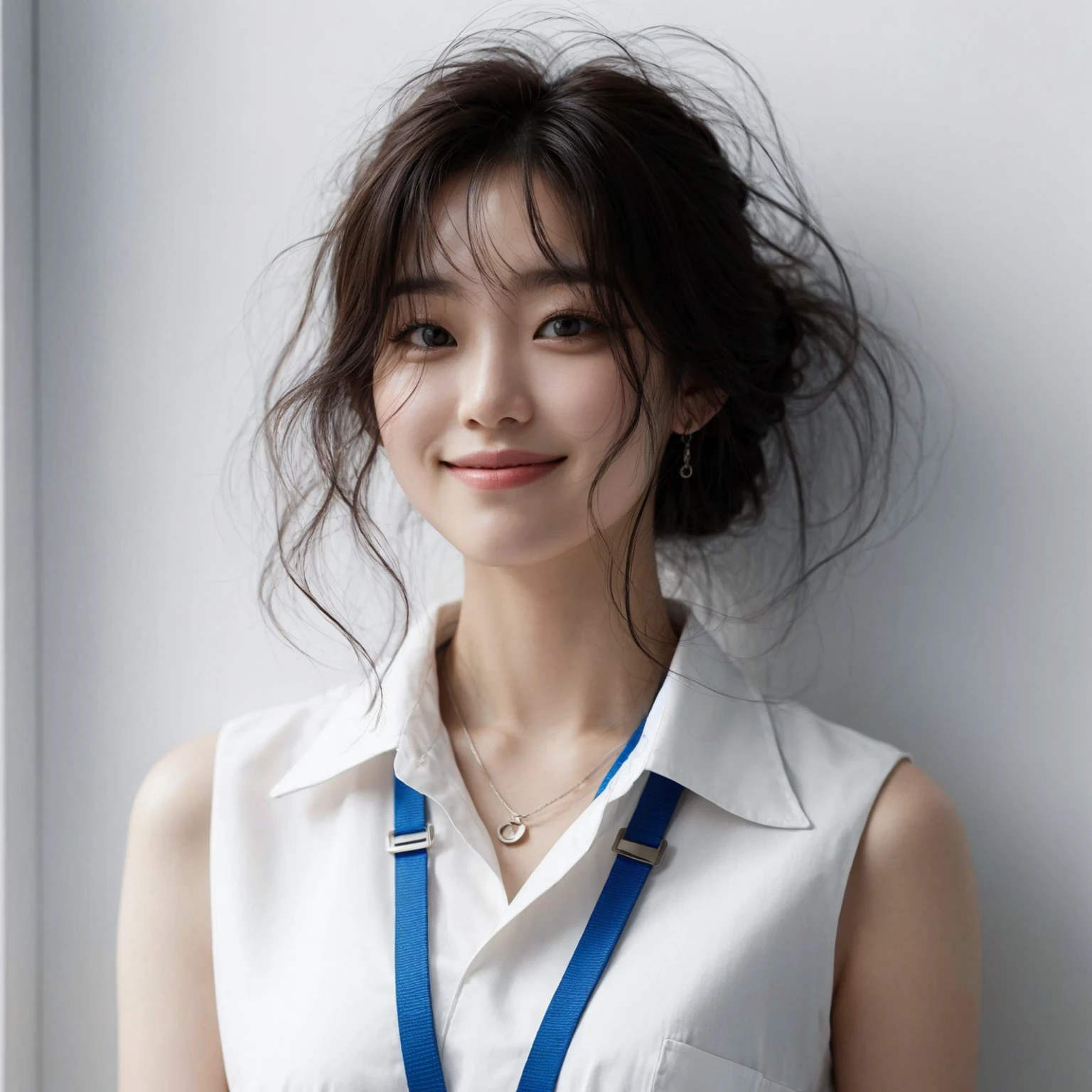 A korean female with messy hairstyle. They are dressed in a sleeveless white blouse and have a blue lanyard around their neck. The expression is cheerful, with a smile. The background is clean and minimalistic with a white wall. UHD. 8k. realistic photo. masterpiece. Super detailed,Very detailed,sharp focus,Surreal:1.4,professional,HD images