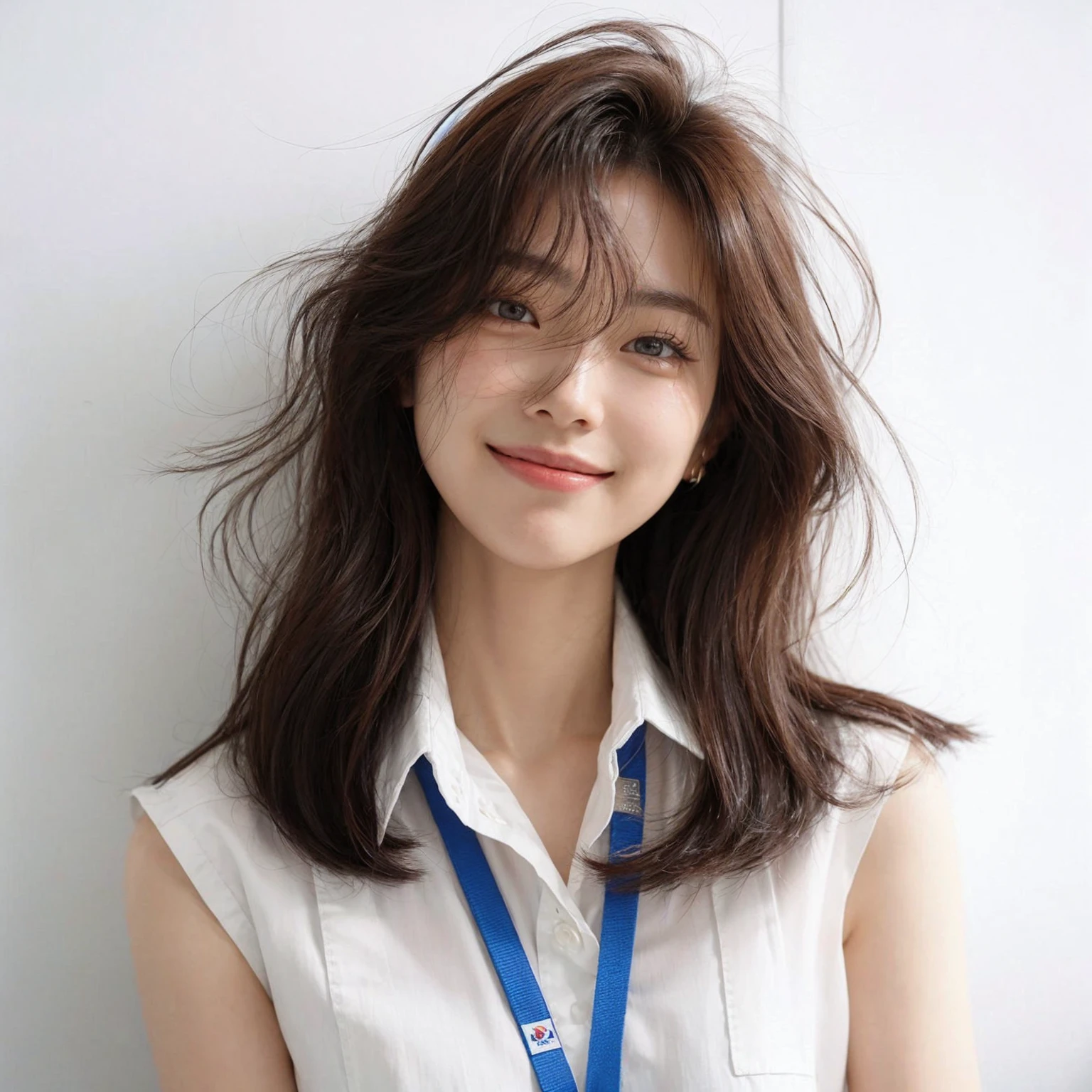 A korean female with messy hairstyle. They are dressed in a sleeveless white blouse and have a blue lanyard around their neck. The expression is cheerful, with a smile. The background is clean and minimalistic with a white wall. UHD. 8k. realistic photo. masterpiece. Super detailed,Very detailed,sharp focus,Surreal:1.4,professional,HD images