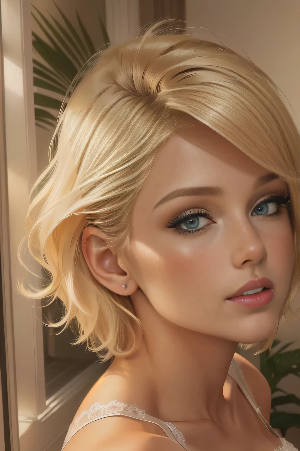 Full body image of a woman with small . Short blonde hair and green eyes, short blonde hair green eyes, beautiful blonde woman, blond hair green eyes, green eyes and blond hair, beautiful blonde girl, a gorgeous blonde, blonde and attractive features, blonde hair and large eyes, blonde woman, make up, attractive female face!!!, beautiful model, jaw dropping beauty, young blonde woman. She is standing, hands in her hair. ((Wearing white lace lingerie, thong)). Perfect, toned body, perfect figure. Cleavaglegs, beautiful legs. BBIC.