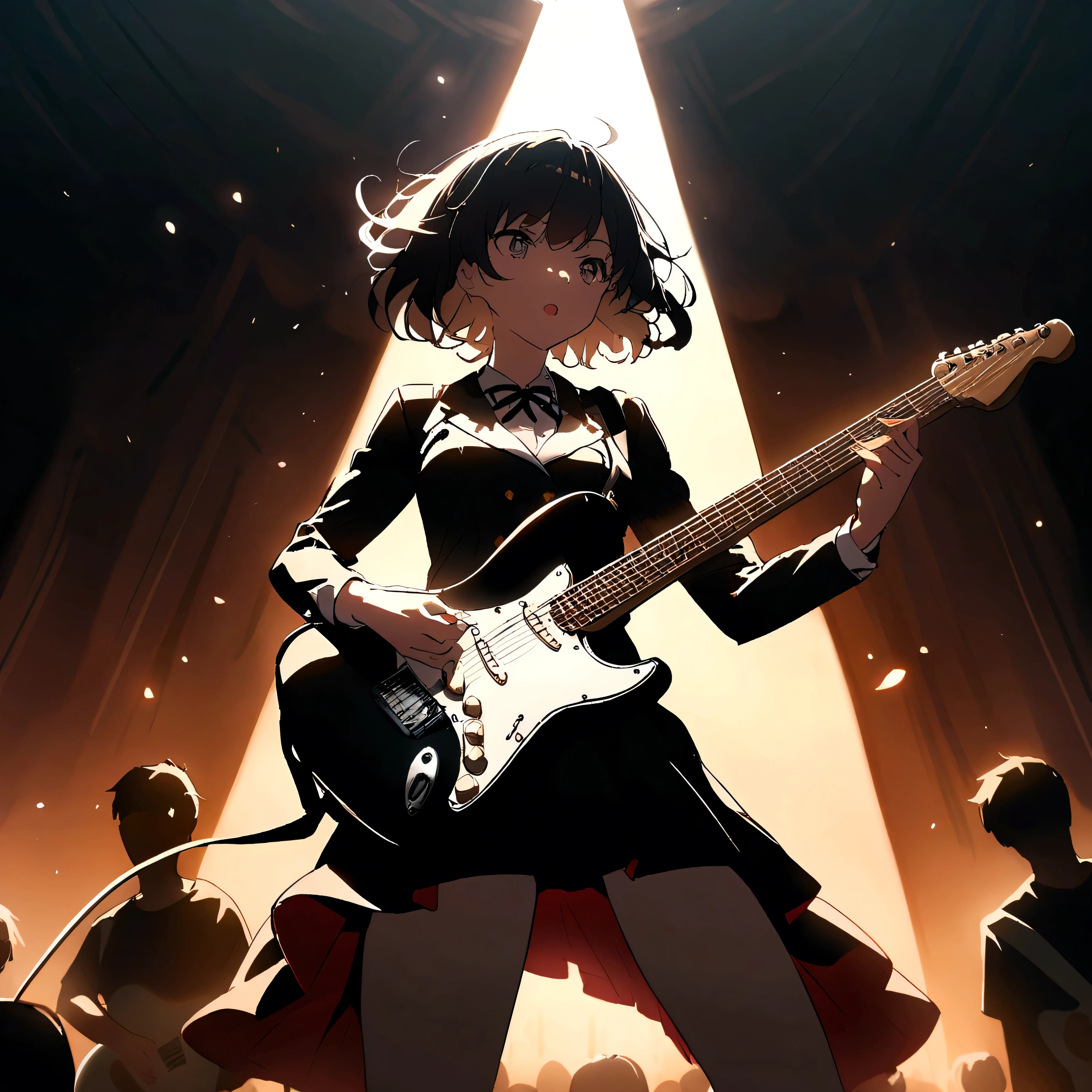 Kyoto Animation、6 strings、There are six pegs、high school girl、Electric guitar、Fender Stratocaster、Big Stage、front