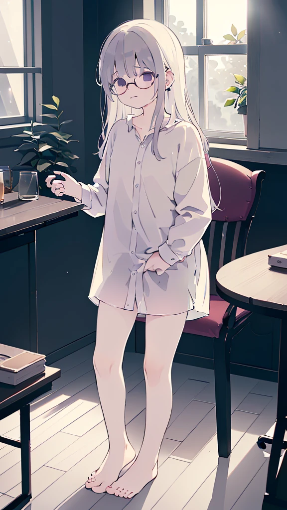(flat:1.5),(cafe, window, sunlight, table, chair, sedentary:1.5) (BIG ASS, thick thighs:0.7), (warm light source:1.2), intricate details, volumetric lighting, Realism BREAK(masterpiece:1.2), (top quality), 4K, ultra detail, (Dynamic configuration:1.4), Very detailed and colorful details,(rainbow colors:1.2), (shining lights, atmospheric lighting), dreamy, magical, (alone:1.2), intricate details, cheeky expression, (big bust:1.5), (Black eyes with a slight purple tint:1.5), (a devastated expression, dead eyes, dark atmosphere:1.5), (Very white and long hair with a bluish tint, weak perm:1.5), (oversized white shirt:1.5), (bare foot, round-rimmed glasses:1.5), (chubby:1.1), (quiet eyes, no passion:1.5),(human ear,thin legs:1.5),(chair에 sedentary, diagonal shot:1.5)