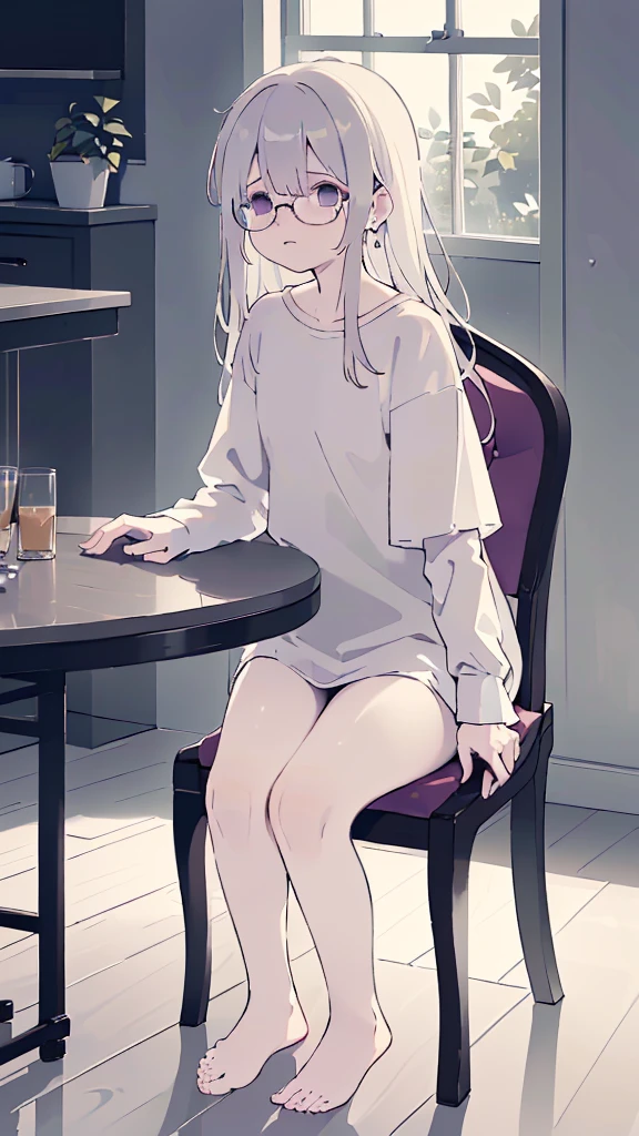 (flat:1.5),(cafe, window, sunlight, table, chair, sedentary:1.5) (BIG ASS, thick thighs:0.7), (warm light source:1.2), intricate details, volumetric lighting, Realism BREAK(masterpiece:1.2), (top quality), 4K, ultra detail, (Dynamic configuration:1.4), Very detailed and colorful details,(rainbow colors:1.2), (shining lights, atmospheric lighting), dreamy, magical, (alone:1.2), intricate details, cheeky expression, (big bust:1.5), (Black eyes with a slight purple tint:1.5), (a devastated expression, dead eyes, dark atmosphere:1.5), (Very white and long hair with a bluish tint, weak perm:1.5), (oversized white shirt:1.5), (bare foot, round-rimmed glasses:1.5), (chubby:1.1), (quiet eyes, no passion:1.5),(human ear,thin legs:1.5),(chair에 sedentary, diagonal shot:1.5)