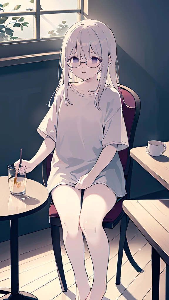 (flat:1.5),(cafe, window, sunlight, table, chair, sedentary:1.5) (BIG ASS, thick thighs:0.7), (warm light source:1.2), intricate details, volumetric lighting, Realism BREAK(masterpiece:1.2), (top quality), 4K, ultra detail, (Dynamic configuration:1.4), Very detailed and colorful details,(rainbow colors:1.2), (shining lights, atmospheric lighting), dreamy, magical, (alone:1.2), intricate details, cheeky expression, (big bust:1.5), (Black eyes with a slight purple tint:1.5), (a devastated expression, dead eyes, dark atmosphere:1.5), (Very white and long hair with a bluish tint, weak perm:1.5), (oversized white shirt:1.5), (bare foot, round-rimmed glasses:1.5), (chubby:1.1), (quiet eyes, no passion:1.5),(human ear,thin legs:1.5),(chair에 sedentary, diagonal shot:1.5)