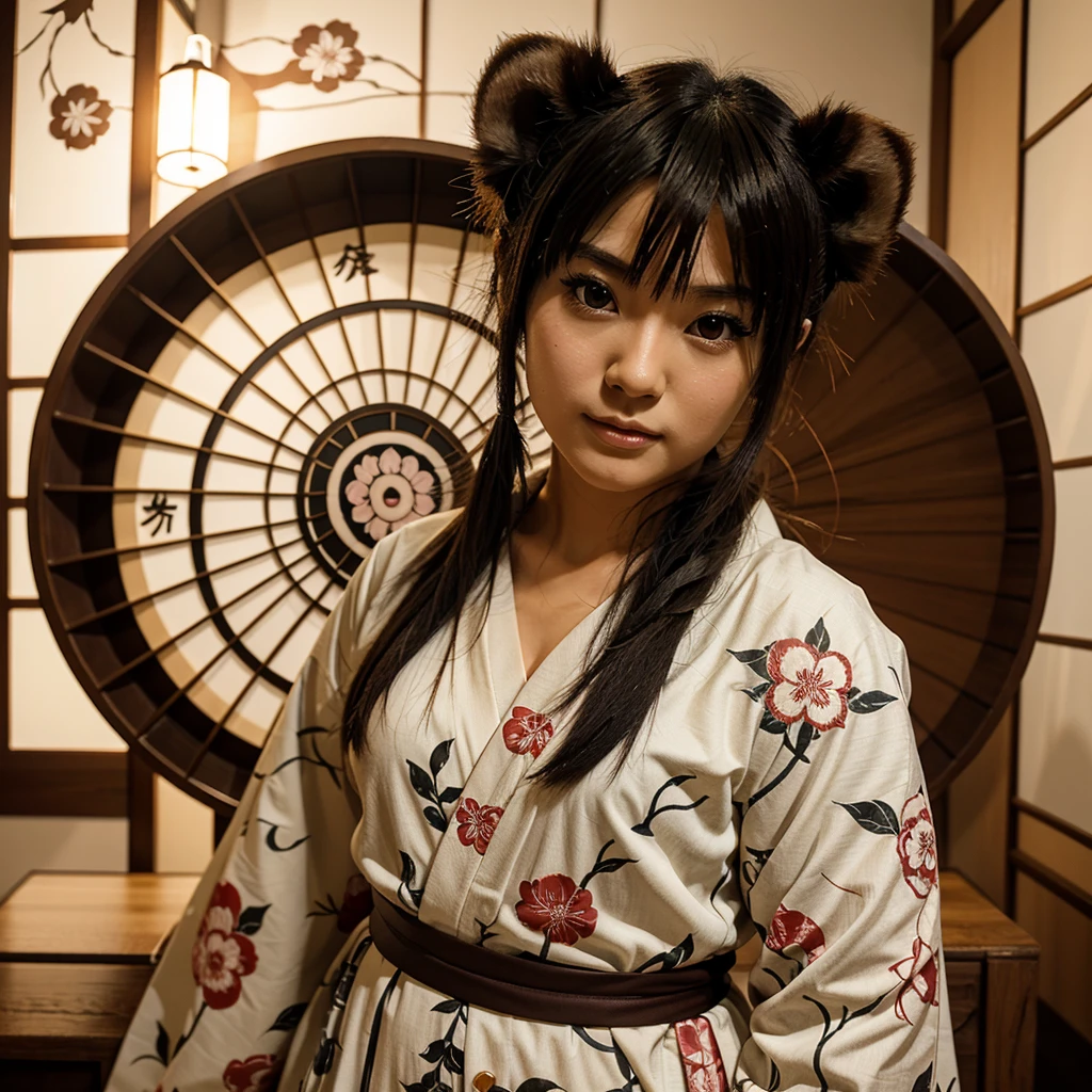 an anime style character that represents tanuki with a japanese traditional motif or pattern that represents tanuki