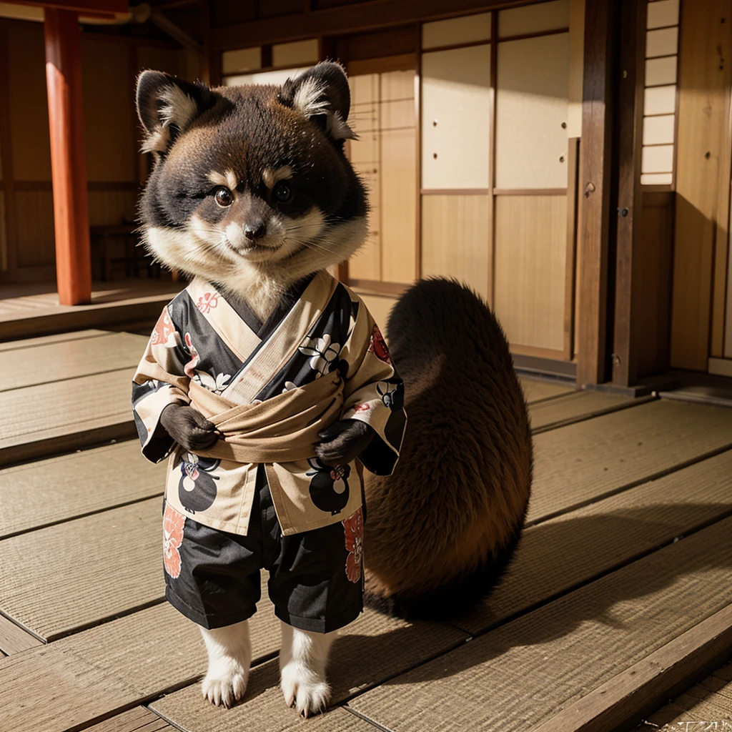 an anime style character that represents tanuki with a japanese traditional motif or pattern that represents tanuki