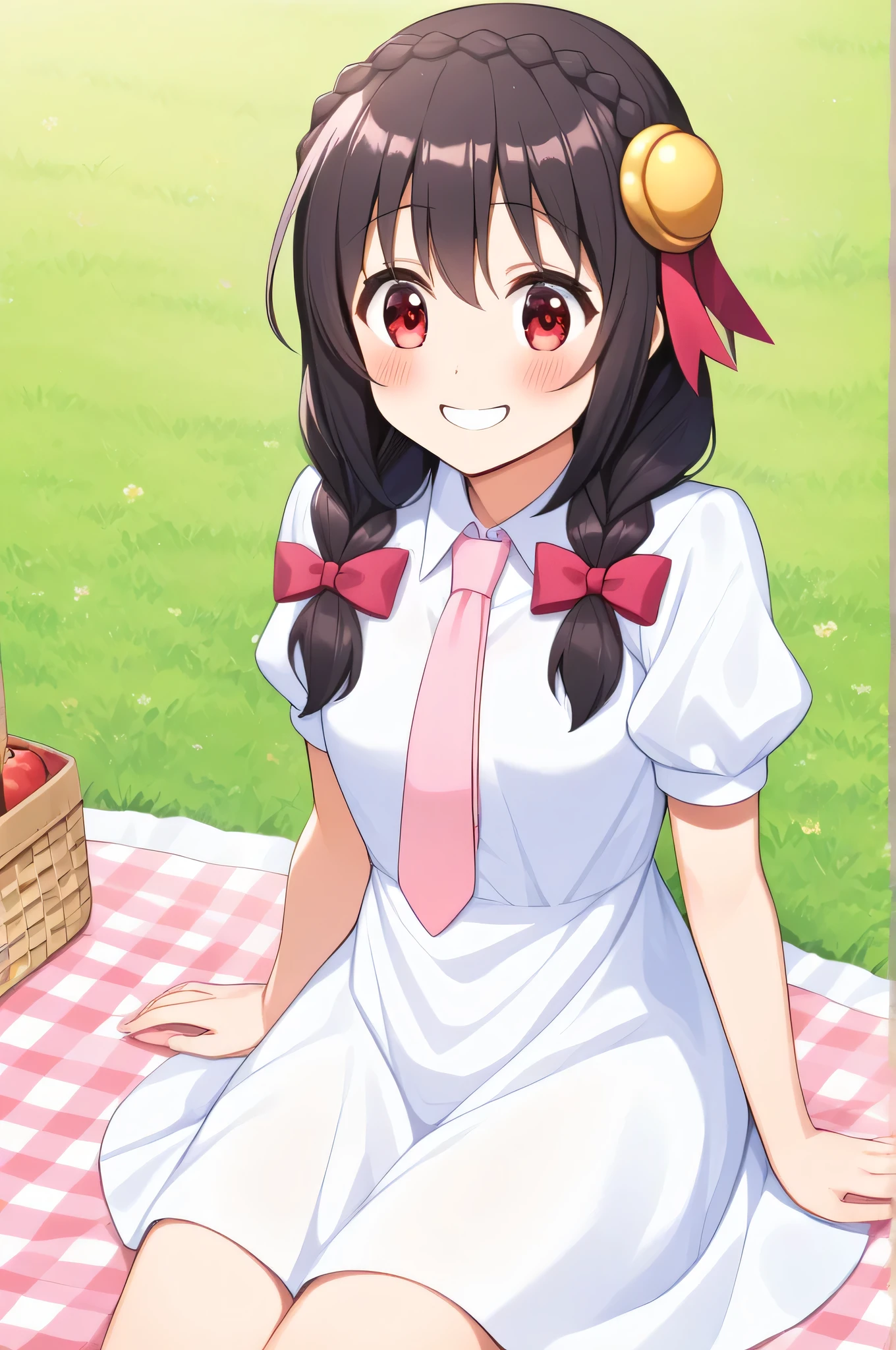 alone, One girl、Crown braids in the same color as your hair, hair ornaments, Hair Ribbon, Pink tie, (White dress), picnic、Black Hair、(Happy Face:1.5)、(blush:1.2)、Sitting