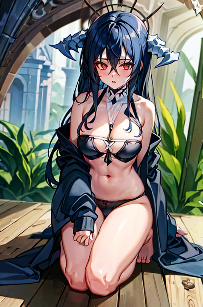 A anime goth girl, wearing a black hoodie, wearing red lacy , dark blue hair