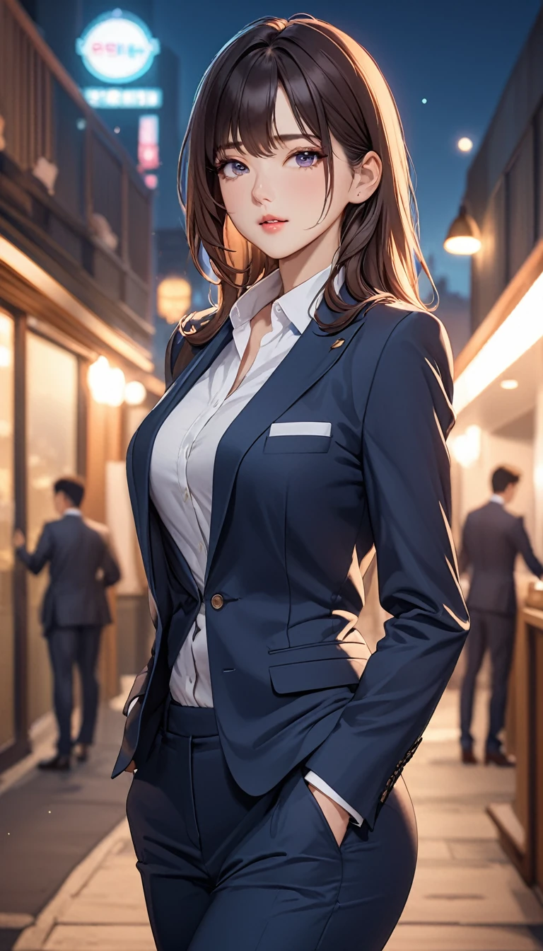 masterpiece, high resolution, beautiful woman, Korean Secretary, 30 years old, pants business suit, beautiful woman, cute, night, standing and looking at me, high resolution face, high resolution eyes
