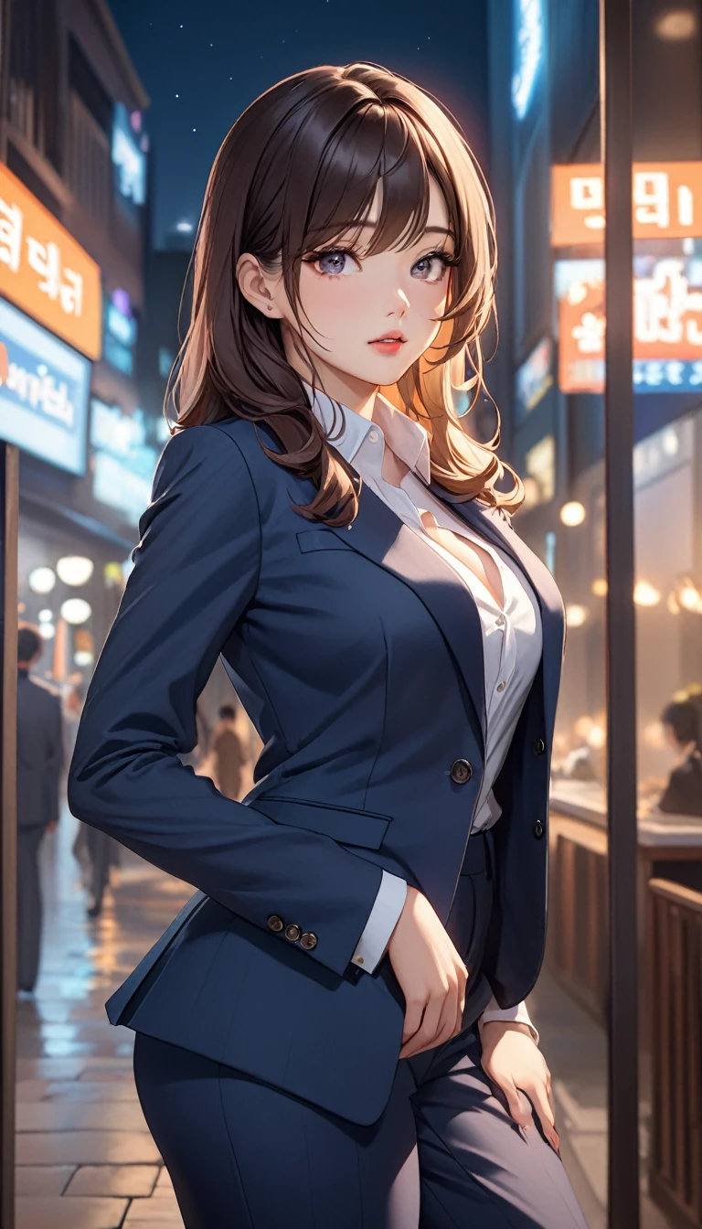 masterpiece, high resolution, beautiful woman, Korean Secretary, 30 years old, pants business suit, beautiful woman, cute, night, standing and looking at me, high resolution face, high resolution eyes