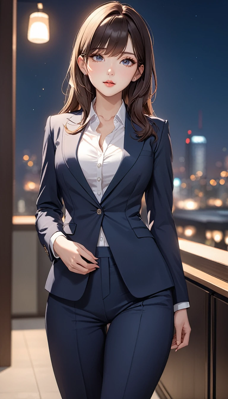 masterpiece, high resolution, beautiful woman, Korean Secretary, 30 years old, pants business suit, beautiful woman, cute, night, standing and looking at me, high resolution face, high resolution eyes
