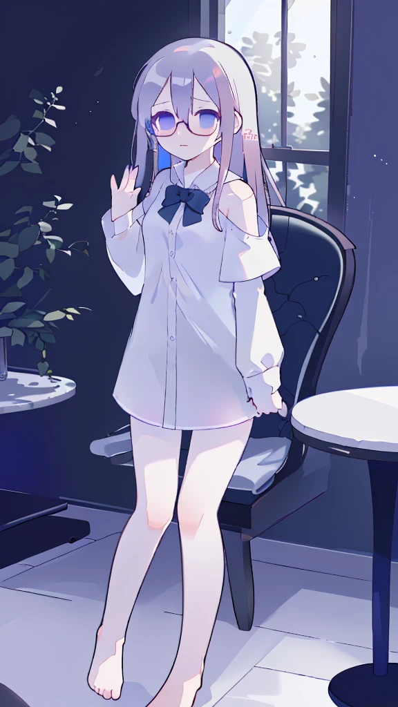 (flat:1.5),(cafe, window, sunlight, table, chair, sedentary:1.5) (BIG ASS, thick thighs:0.7), (warm light source:1.2), intricate details, volumetric lighting, Realism BREAK(masterpiece:1.2), (top quality), 4K, ultra detail, (Dynamic configuration:1.4), Very detailed and colorful details,(rainbow colors:1.2), (shining lights, atmospheric lighting), dreamy, magical, (alone:1.2), intricate details, cheeky expression, (big bust:1.5), (Black eyes with a slight purple tint:1.5), (a devastated expression, dead eyes, dark atmosphere:1.5), (Very white and long hair with a bluish tint, weak perm:1.5), (oversized white shirt:1.5), (bare foot, round-rimmed glasses:1.5), (chubby:1.1), (quiet eyes, no passion:1.5),(human ear,thin legs:1.5),(chair에 sedentary, diagonal shot:1.5)