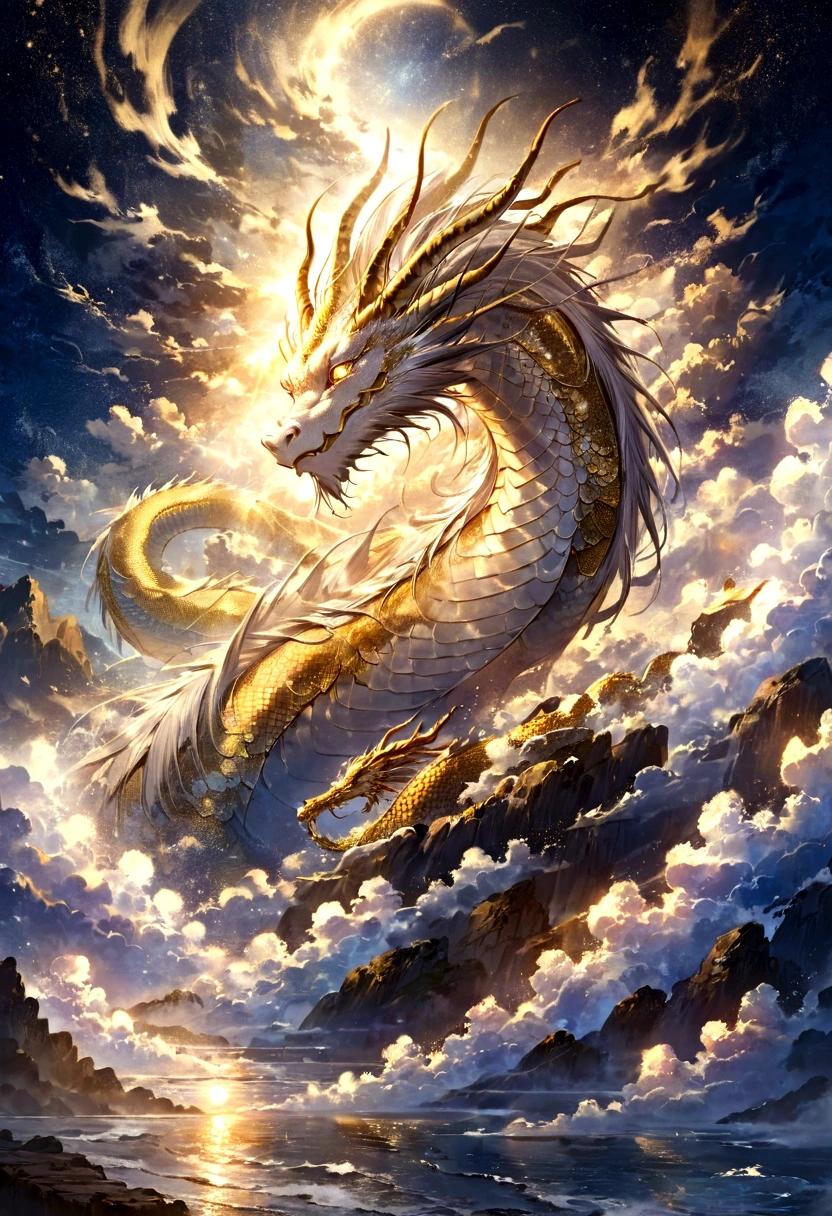 white dragon god, gentle gaze, fantastic background, moonlight background, sea of ​​clouds background, golden splashes, mysterious, divine light, mythical creature, traditional Chinese dragon, myth, speckled light, hazy haze, mysterious aura, masterpiece, fantastic, elegant dragon, good fortune, fantasy art