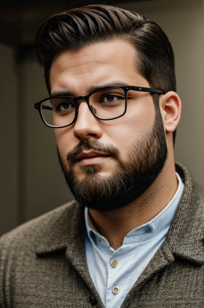 Make me a man with a chubby face but not too much with glasses and a really small beard 