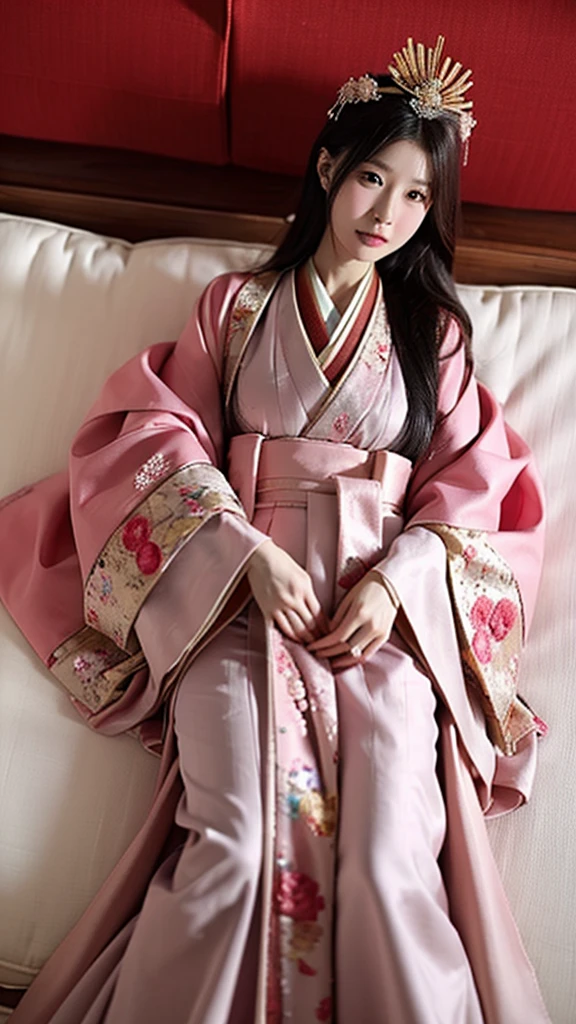 8K Historical drama style Beautiful slender Japanese princess with long black hair Gorgeous embroidery, Ultra glossy, She is wearing a shiny Heian period princess kimono. She exposes her nipples and squeezes out breast milk on the futon