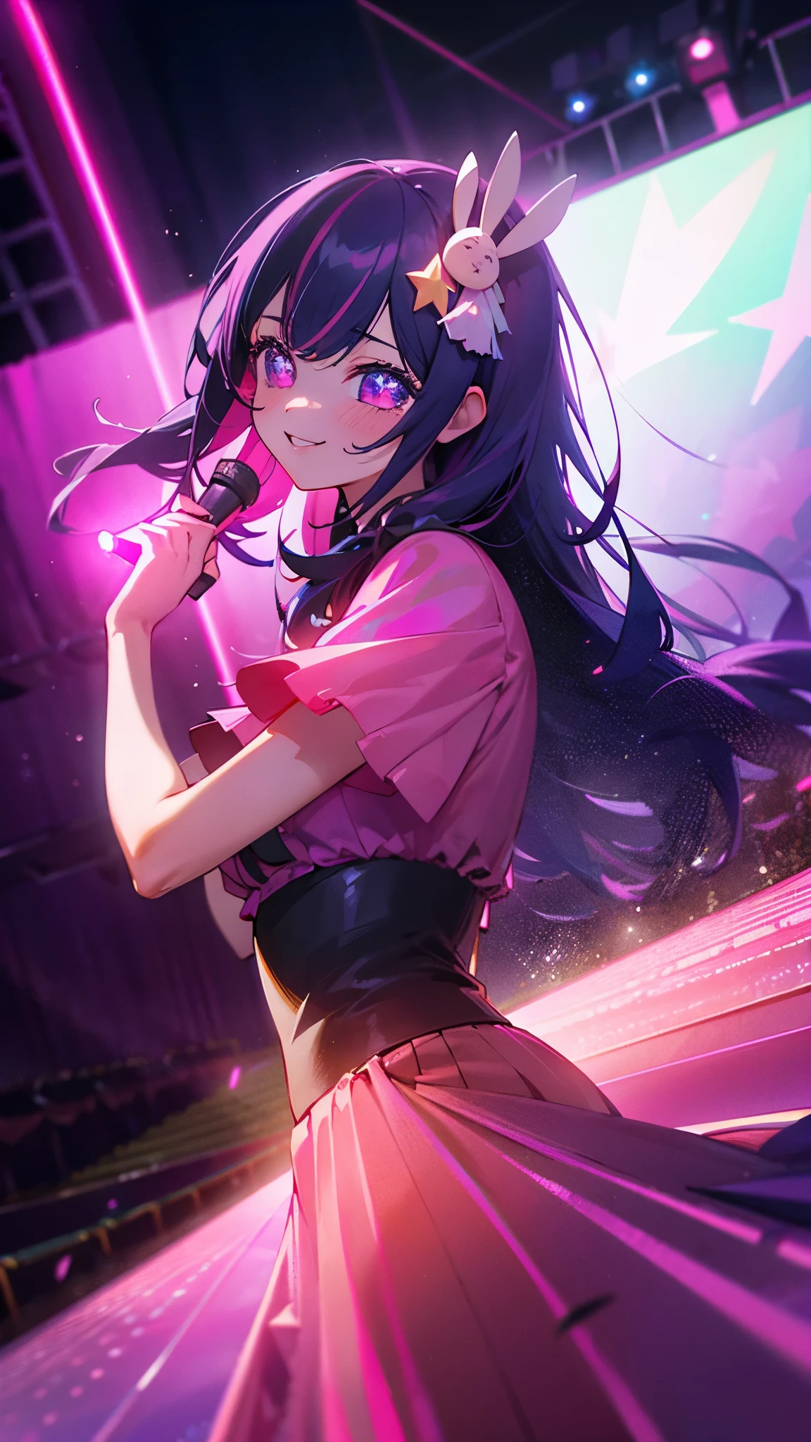 Girl idol, Hoshino Ai, long hair, purple hair, streaked hair, purple eyes, star-shaped pupils, hair ornament, in the concert stage with a pink and purple lights and view towards the viewer, the viewers holding the pink and purple light stick, singing on stage in front of an enthusiastic audience at a futuristic metaverse music festival. AI singer stands on holographic stage、Imagine playing music with digital licenses and emotions. Beautiful scene combined with audience reaction, Light production, And a futuristic musical experience, smile with blush face, BREAK, quality\(8k,wallpaper of extremely detailed CG unit, masterpiece,hight resolution,top-quality,top-quality real texture skin,hyper realisitic,increase the resolution,RAW photos,best qualtiy,highly detailed,the wallpaper,cinematic lighting,ray trace,golden ratio\),(long view, 2D)