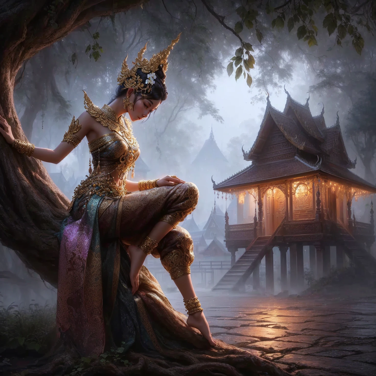 Painting of a woman sitting on a tree in front of a house, Thiti Luatthong, Thai art, Amazing 8k artwork, Beautiful digital artwork, 4k fantasy art, Amazing fantasy art, 8k fantasy art, beautiful fantasy art, Fantasy behavior, By Rudy Sisvanto, Highly detailed 4k digital art., fantasy style art