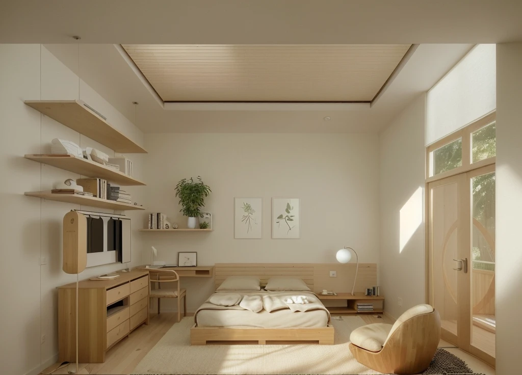 A serene Muji style bedroom with a minimalist design, featuring a neutral color palette of soft whites, beiges, and natural wood tones. The room showcases a low-profile wooden bed with simple, large doors look to bancony on the right, clean lines, dressed in cozy, neutral-toned bedding. On either side of the bed are small, minimalist nightstands with simple, round lamps providing soft, ambient lighting. The walls are adorned with minimal decor, including a single framed artwork of a green leaf above the bed. To the right, there's a functional wooden desk with a round mirror and a small potted plant, exuding a sense of calm and natural beauty. The floor is covered with a simple, textured rug that complements the wooden flooring. Large windows with bamboo blinds allow natural light to filter in, creating a warm and inviting atmosphere. The room is free of clutter, emphasizing functionality and simplicity, characteristic of the Muji style. ((8k)), high quality detail, soft lighting, minimalist design, neutral color palette, natural materials, clean lines, serene and inviting, modern Japanese aesthetic.

