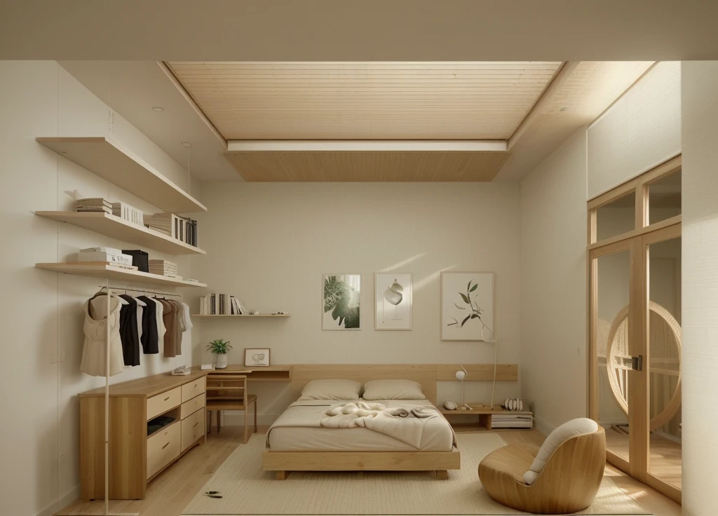 A serene Muji style bedroom with a minimalist design, featuring a neutral color palette of soft whites, beiges, and natural wood tones. The room showcases a low-profile wooden bed with simple, large doors look to bancony on the right, clean lines, dressed in cozy, neutral-toned bedding. On either side of the bed are small, minimalist nightstands with simple, round lamps providing soft, ambient lighting. The walls are adorned with minimal decor, including a single framed artwork of a green leaf above the bed. To the right, there's a functional wooden desk with a round mirror and a small potted plant, exuding a sense of calm and natural beauty. The floor is covered with a simple, textured rug that complements the wooden flooring. Large windows with bamboo blinds allow natural light to filter in, creating a warm and inviting atmosphere. The room is free of clutter, emphasizing functionality and simplicity, characteristic of the Muji style. ((8k)), high quality detail, soft lighting, minimalist design, neutral color palette, natural materials, clean lines, serene and inviting, modern Japanese aesthetic.