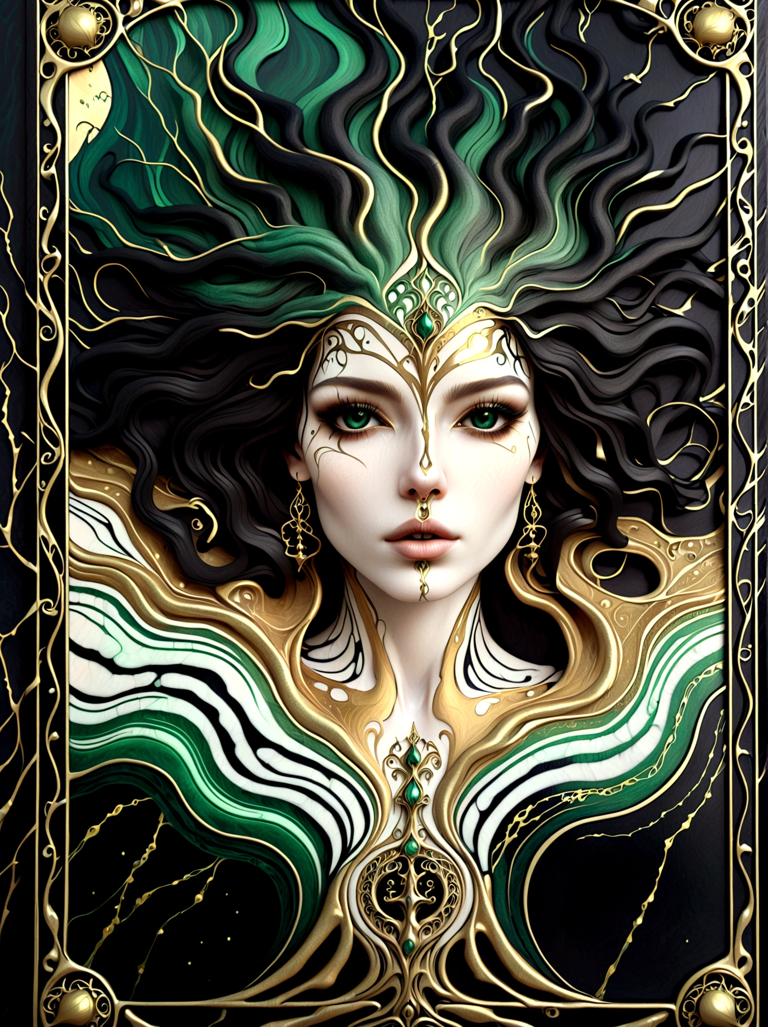 a beautiful portrait of a woman with the tree of life flowing from her head in an abstract marble texture in a tarot style frame, with colors of obsidian black, shiny gold, and emerald green, highly detailed, intricate design, BY Anne Bachelier,