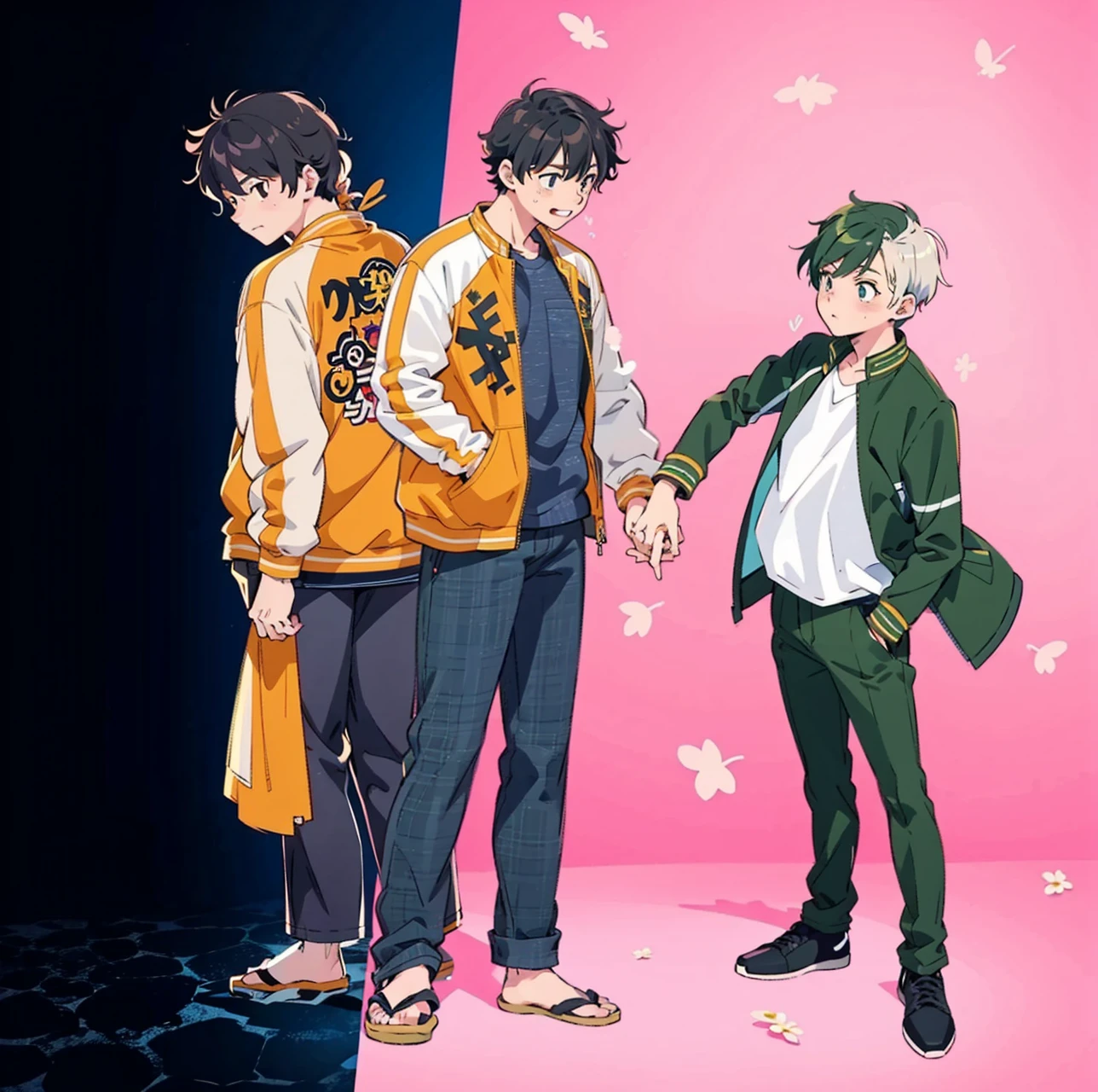 anime characters standing next to each other holding hands on a pink background, offcial art, visual principal do anime”, bishounen, official anime still, official fanart, inspired by Okumura Masanobu, anime key visual concept, koyoharu gotouge, offcial art do anime, official anime from the studio yet, official modern anime, main visuals of the anime, anime cel shaded