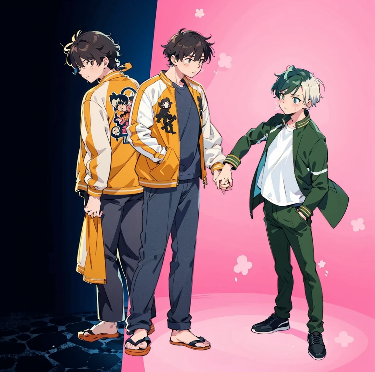 anime characters standing next to each other holding hands on a pink background, offcial art, visual principal do anime”, bishounen, official anime still, official fanart, inspired by Okumura Masanobu, anime key visual concept, koyoharu gotouge, offcial art do anime, official anime from the studio yet, official modern anime, main visuals of the anime, anime cel shaded