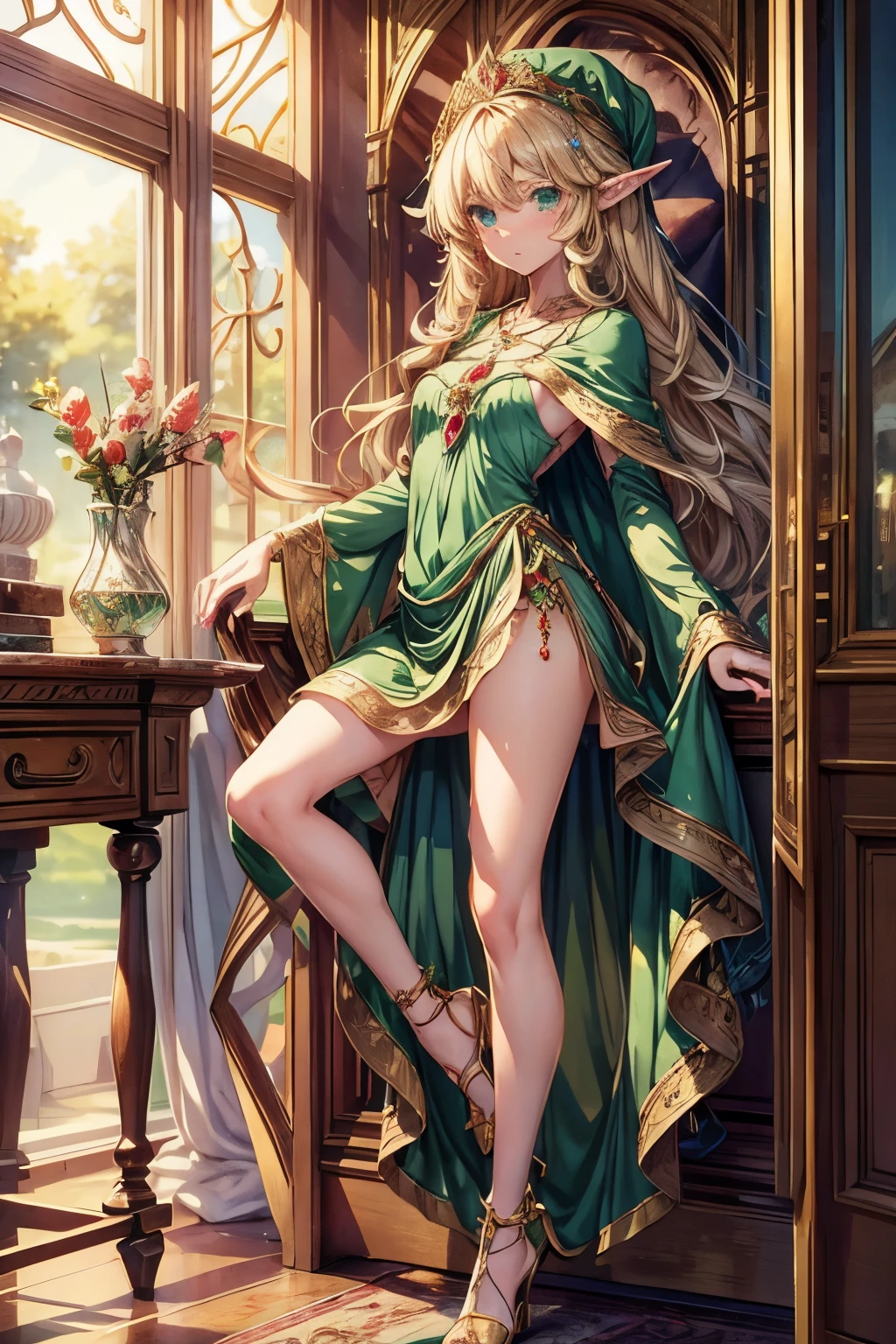 masterpiece,Highest quality,Very detailed,Dancing Elf Girl, ager,Long blonde hair,Very beautiful and detailed eyes,Thin legs,Long skirt, underweight,Small breasts, full body,Beautiful peppermint green dress,Large ruby necklace,gem,Luxurious cape,A luxurious palace