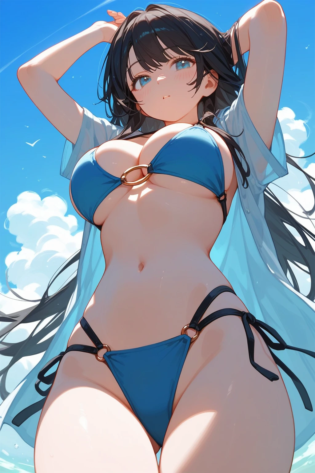 russian girl, teen, breasts,1girl,navel,bikini,swimsuit,big breasts,bikini,wide hips,breast focus, focus on bust,sky,blush,open clothes,from below,outdoors,o-ring,o-ring bikini,day,1other,long black hair,stomach,blue sky,cleavage,
