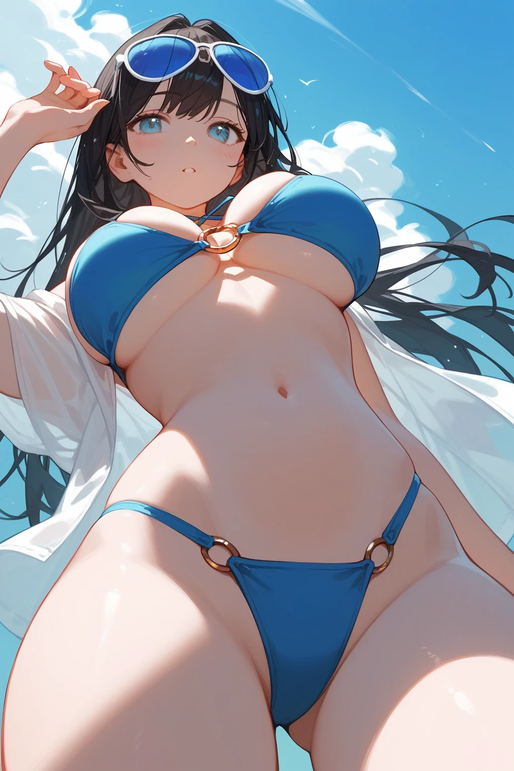 russian girl, teen, breasts,1girl,navel,bikini,swimsuit,big breasts,bikini,wide hips,breast focus, focus on bust,sky,blush,open clothes,from below,outdoors,o-ring,o-ring bikini,day,1other,long black hair,stomach,blue sky,cleavage,
