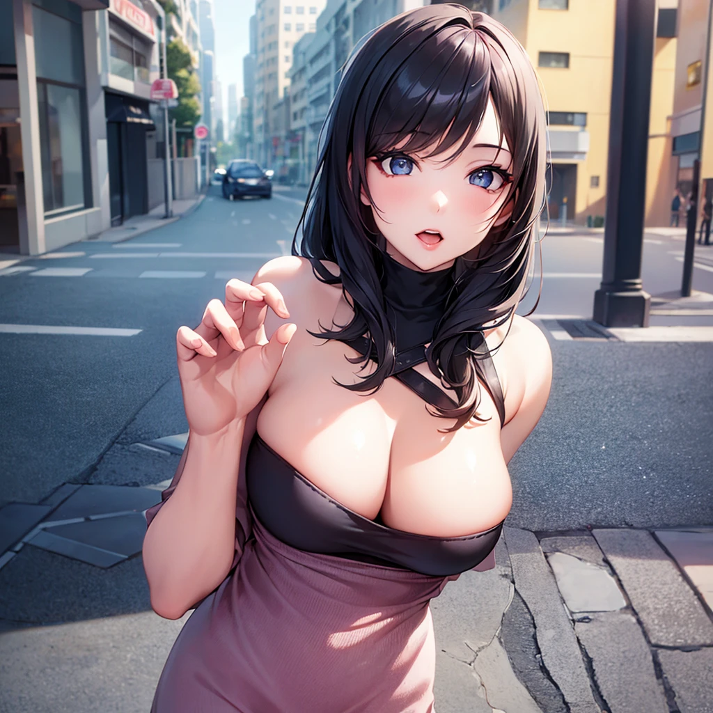 a woman, (realistic), (hyperrealism), (photorealistic), depth of field, eye makeup:0.5, (upper body:1.2), (narrow waist:0.7), looking at the viewer, casual outfit, at the city streets, topless
