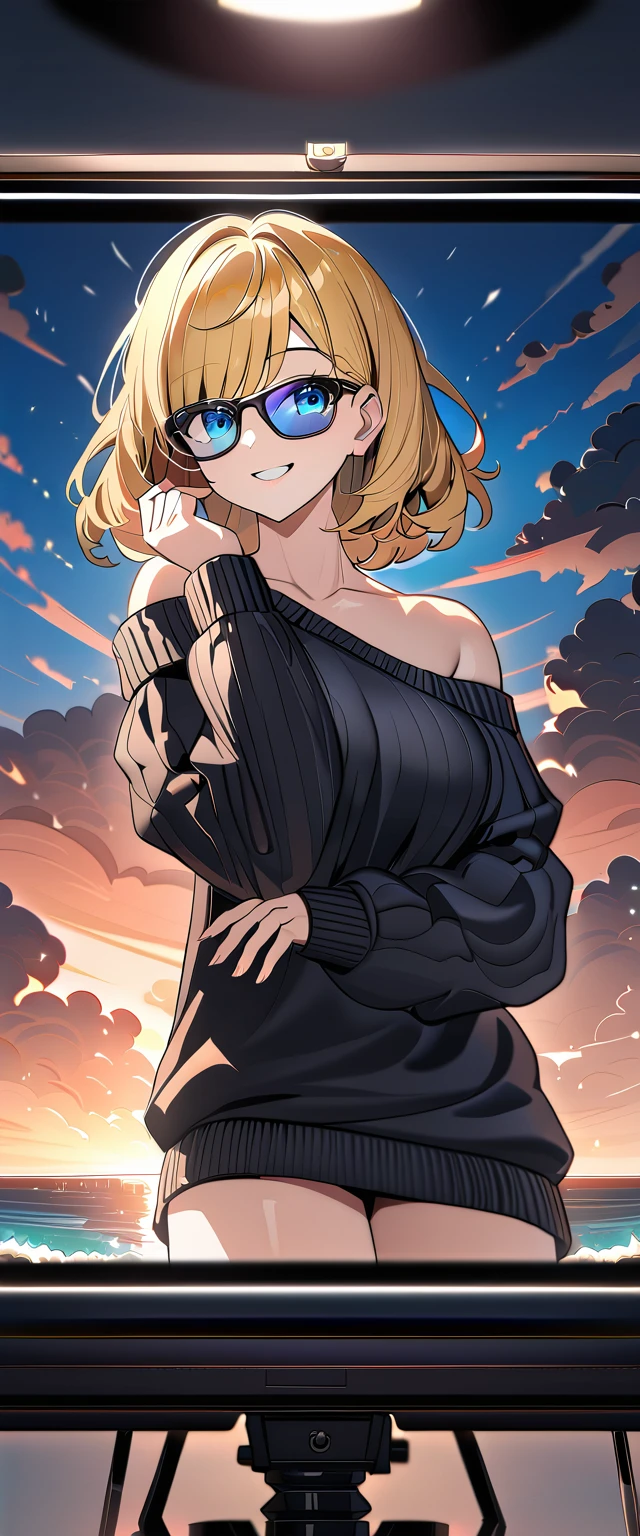 ((sea, beach)), ((from above)), (((sunglasses, hand to sunglasses))), (((cowboy shot))), ((wavy hair, inward curled hair)), evening, ((Sunset)), ((blond hair, bob cut:1.3)), breasts, teenager, (looking at viewer), oversized clothes, puffy long sleeves, ((off-shoulder sweater:1.3, Quite thick shoulder straps)), ((black sweater)), collarbone, head tilt:1.3, (((blue eyes))), ((happy smile)), (((anime style))), (best quality, 4K, 8K, highres, masterpiece:1.2, ultra-detailed, ultra-detailed eyes, HDR, uhd, studio lighting, ultra-fine painting, sharp focus, physically-based rendering, extreme detail description, professional, vivid colors, bokeh)