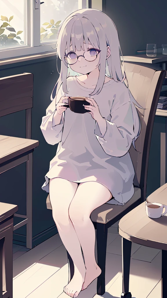 (flat:1.5),(cafe, window, sunlight, table, chair, sedentary:1.5) (BIG ASS, thick thighs:0.7), (warm light source:1.2), intricate details, volumetric lighting, Realism BREAK(masterpiece:1.2), (top quality), 4K, ultra detail, (Dynamic configuration:1.4), Very detailed and colorful details,(rainbow colors:1.2), (shining lights, atmospheric lighting), dreamy, magical, (alone:1.2), intricate details, cheeky expression, (big bust:1.5), (Black eyes with a slight purple tint:1.5), (a devastated expression, dead eyes, dark atmosphere:1.5), (Very white and long hair with a bluish tint, weak perm:1.5), (oversized white shirt:1.5), (bare foot, round-rimmed glasses:1.5), (chubby:1.1), (faintly smiling:1.5),(human ear,thin legs:1.5),(chair에 sedentary, diagonal shot:1.5)