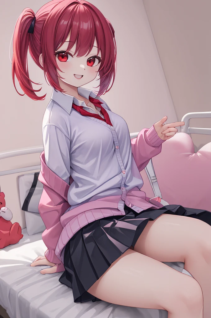 (The ultimate masterpiece), (Ultra HD), (Ultra-fine), High resolution, Ultimate beauty, High chroma, vivid,Girl,(pretty girl), Thighs, (cardigan), (skirt), Super Smile, Red hair,ショートBob，(Bob),Red Eyes ,Small breasts, Cute room，put one&#39;s hand between one&#39;s thighs