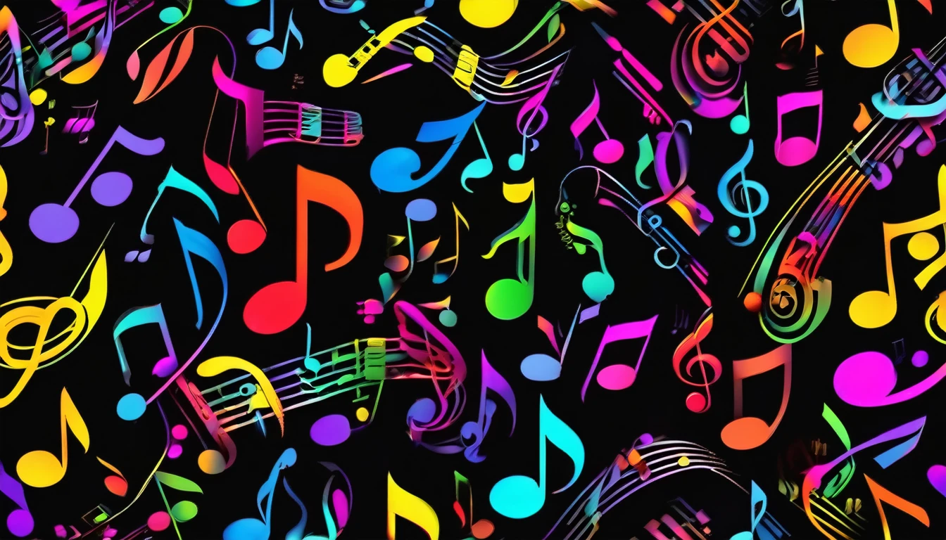 (best quality, masterpiece, ultra detailed, ultra high res, photorealistic, raw photo, absurdres, absolutely resolution), black background, colorful music symbols, cyber