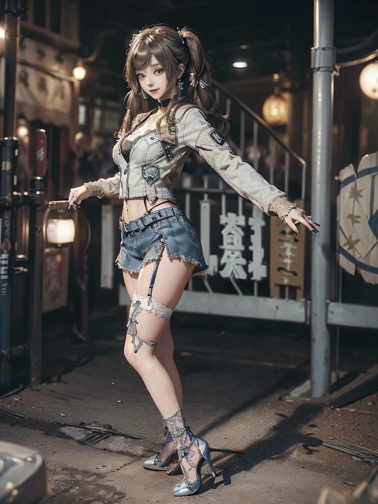 (Full Body View:1.4)、(Side view:1.2)、(Smiling with teeth showing:1.3),(Shibuya Gal:1.5)、(Hostess:1.4)、(Neo-goth fashion:1.5)、(Punk RockVisual Kei:1.3)、(Futuristic bodysuit in white, beige and denim with embellishments:1.5)、(A delicate short jacket in denim, beige and navy:1.5)、(Denim garter belt:1.5)、(Tattered denim and a white micro mini skirt:1.3)、(Heart-shaped silver accessories:1.5)、(Brown Skin Belt:1.4)、(Blue High Heels:1.4)、(Lace patterned underwear:1.4)、20-year-old、NSFW,((Highest quality、In 8K、masterpiece:1.3))、Sharp focus:1.2、(Layered Cut、Huge boobs:1.1),Beautiful woman with perfect figure:1.4、(Doing an aerobics pose:1.3)、Slender Abs:1.2、Butt、Highly detailed face and skin texture、Detailed eyes、double eyelid,(Twin tails:1.3)、(Brown-golden hair:1.3)、Obscene、Gravure idol、(Luxurious amusement park at night:1.3)、(Make your legs thinner:1.4)、(Thin thighs:1.4)、(Slim body:1.3)、(clavicle:1.1)