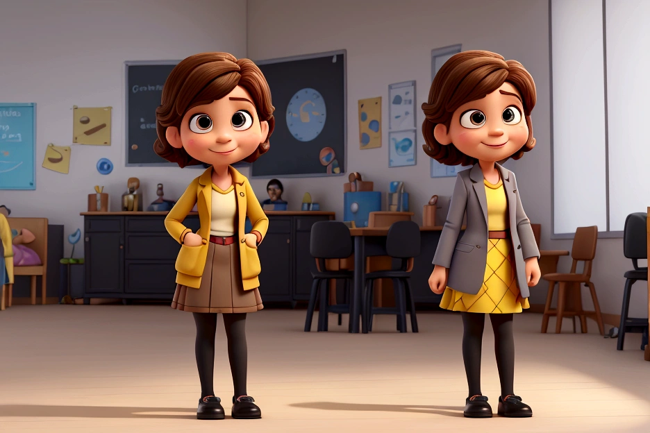 A photo of Ligia Travensolo, a female Disney Pixar 3d style character, based on the movie Inside Out, she is short, is an adult woman, is a french teacher, has light skin and shoulder-length dark brown hair, and brown eyes. She is wearing a black blazer, over a mustard yellow top, paired with a grey skirt and black tights and low heel black shoes. Smiling at the camera.