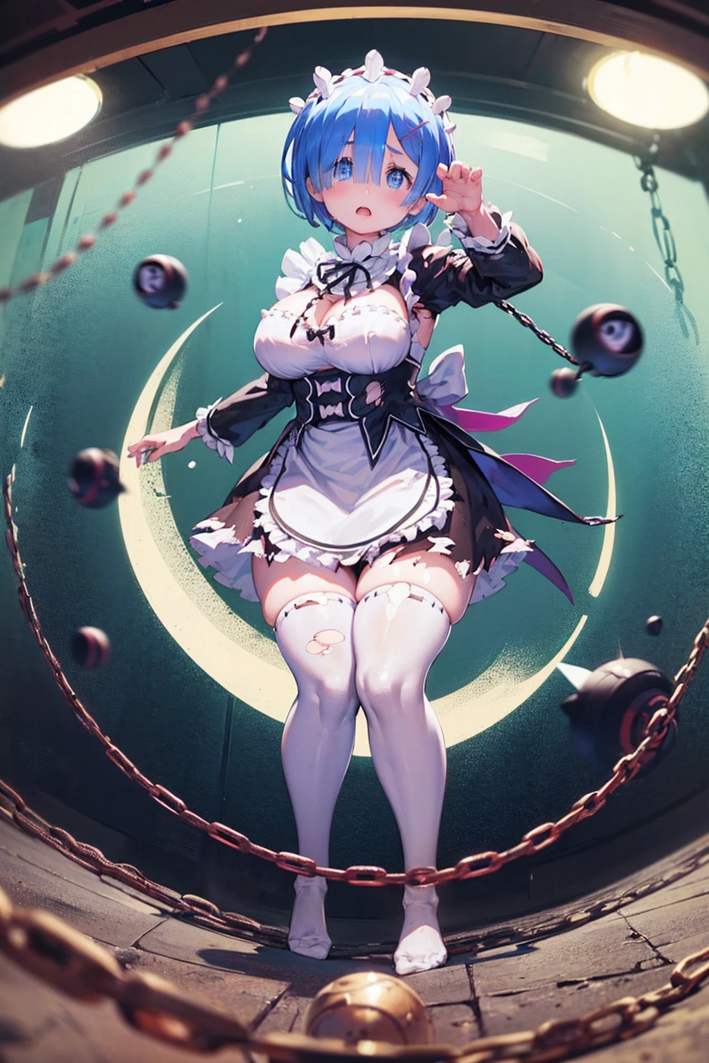 (Full moon night)、Plump、Show your pants、(((((Fighting Pose)))))、Weapons Morningstar、((Underground Prison))、((The floor beneath my feet is crumbling))、((((Rem in chains)))),(((((Fisheye Lens)))))、(((((Super huge breasts))))、((((Plump thighs))))、(((Rem from Re:Zero)))、((looking at the camera))、High qualityHigh quality、8ｋ、(((((Full body description)))))、Chest、Fantastic、(((((Torn maid uniform)))))、looking at the cameraで、barefoot、((((((Tall Rem))))))、Sweat splashes、Clothes are ripped off,(Torn knee-high socks)、