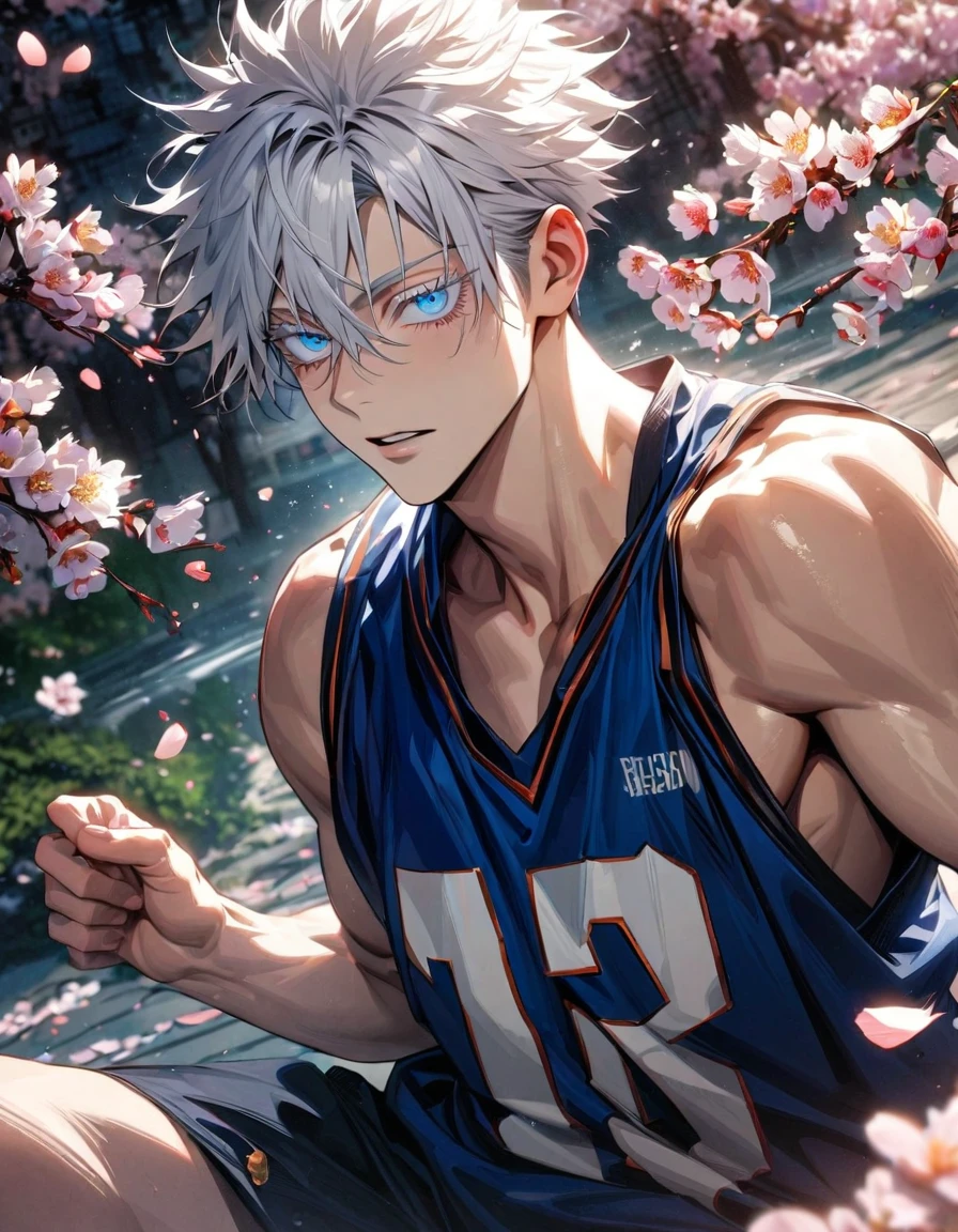 absurdres, highres, ultra detailed, HDR, masterpiece, extremely detailed face and eyes, Gojo Satoru, white hair with bangs, hair between the eyes, expressive blue eyes, white eyelashes, Jujutsu Kaisen, solo, sexy man, handsome, basketball uniform, spring, blossoms, petals, birds