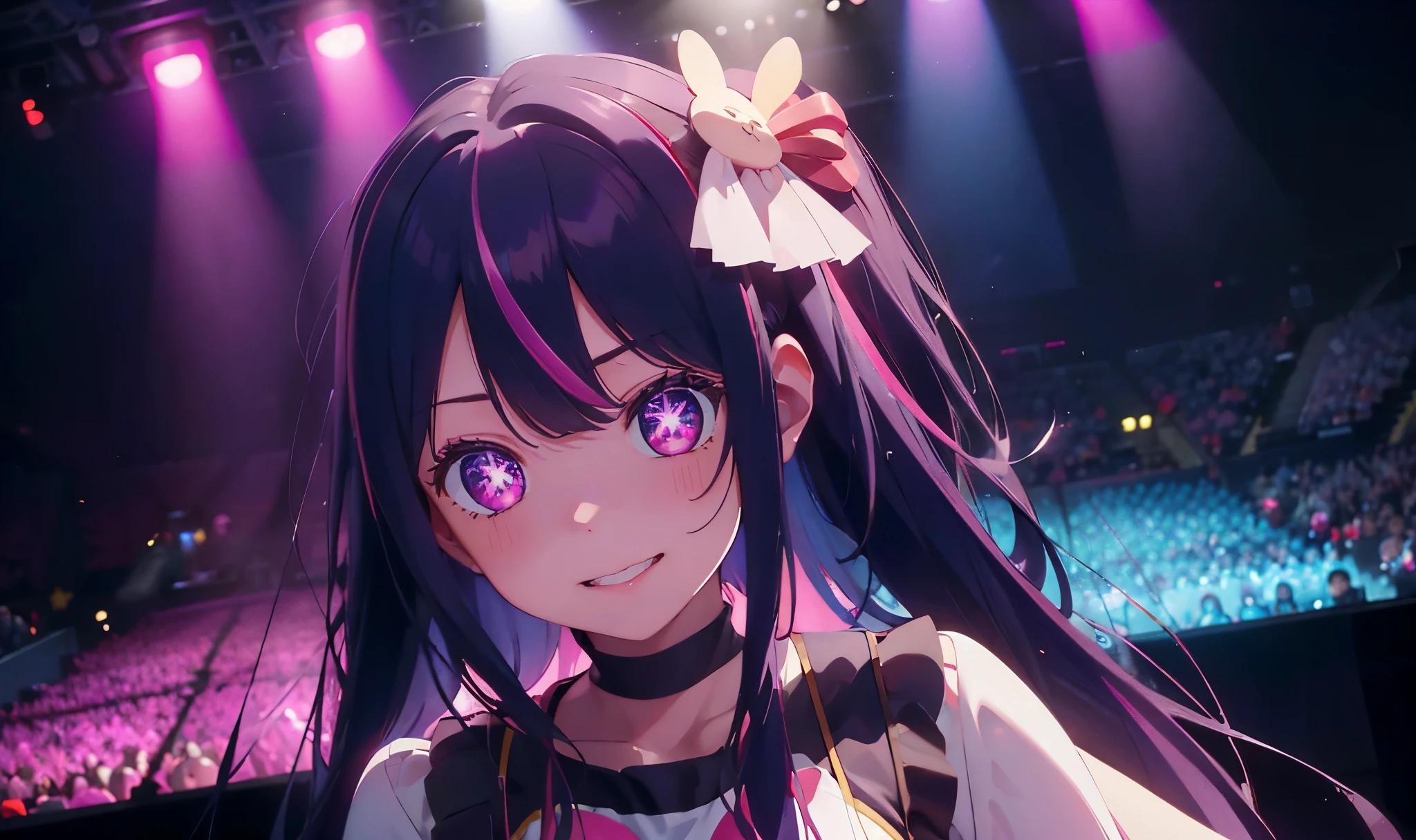 Girl idol, Hoshino Ai, long hair, purple hair, streaked hair, purple eyes, star-shaped pupils, hair ornament, in the concert stage with a pink and purple lights and view towards the viewer, the viewers holding the pink and purple light stick, singing on stage in front of an enthusiastic audience at a futuristic metaverse music festival. AI singer stands on holographic stage、Imagine playing music with digital licenses and emotions. Beautiful scene combined with audience reaction, Light production, And a futuristic musical experience, smile with blush face, BREAK, quality\(8k,wallpaper of extremely detailed CG unit, masterpiece,hight resolution,top-quality,top-quality real texture skin,hyper realisitic,increase the resolution,RAW photos,best qualtiy,highly detailed,the wallpaper,cinematic lighting,ray trace,golden ratio\),(long view, 2D)