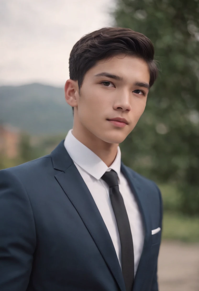 Attractive 17-year-old athlete with short black hair and Hugo Boss business suit、a handsome