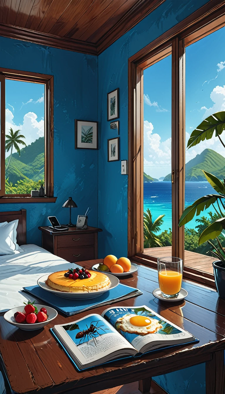 close up portrait of ants,
(((ants)) on the table in the bedroom, blue walls,blue bad, tropical island outside the window,
panoramic windows, perfect hotel room, smartphone, breakfast,       graphic style of novel comics,dark novel, 2d, 8k, hyperrealism, masterpiece, high resolution, best quality, ultra-detailed, super realistic, Hyperrealistic art, high-quality, ultra high res, highest detailed, lot of details, Extremely high-resolution details, incredibly lifelike, colourful, soft cinematic light,