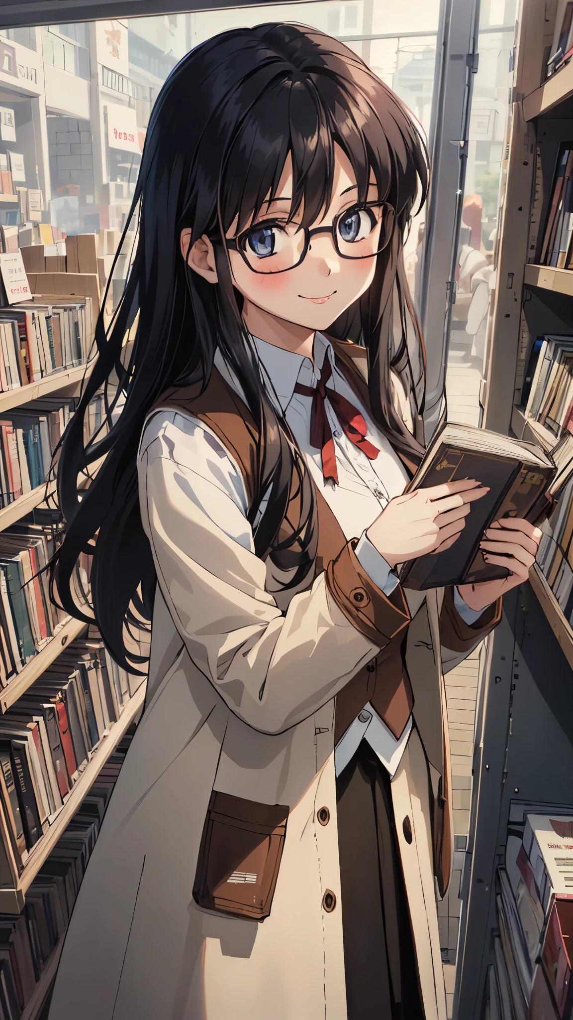 upper body,YR, 1girl, solo,long hair,black hair, blush, smile, looking at viewer, glasses, long skirt,(coat:1.1), vest, ribbon, long sleeves,book store,(Carrying a lot of books),masterpiece,Noise Reduction,perfect anatomy,high resolution, ultra-detailed,game cg,dutch angle ,beautiful detailed eyes,visualart,five fingers, perfect hands, perfect lighting,